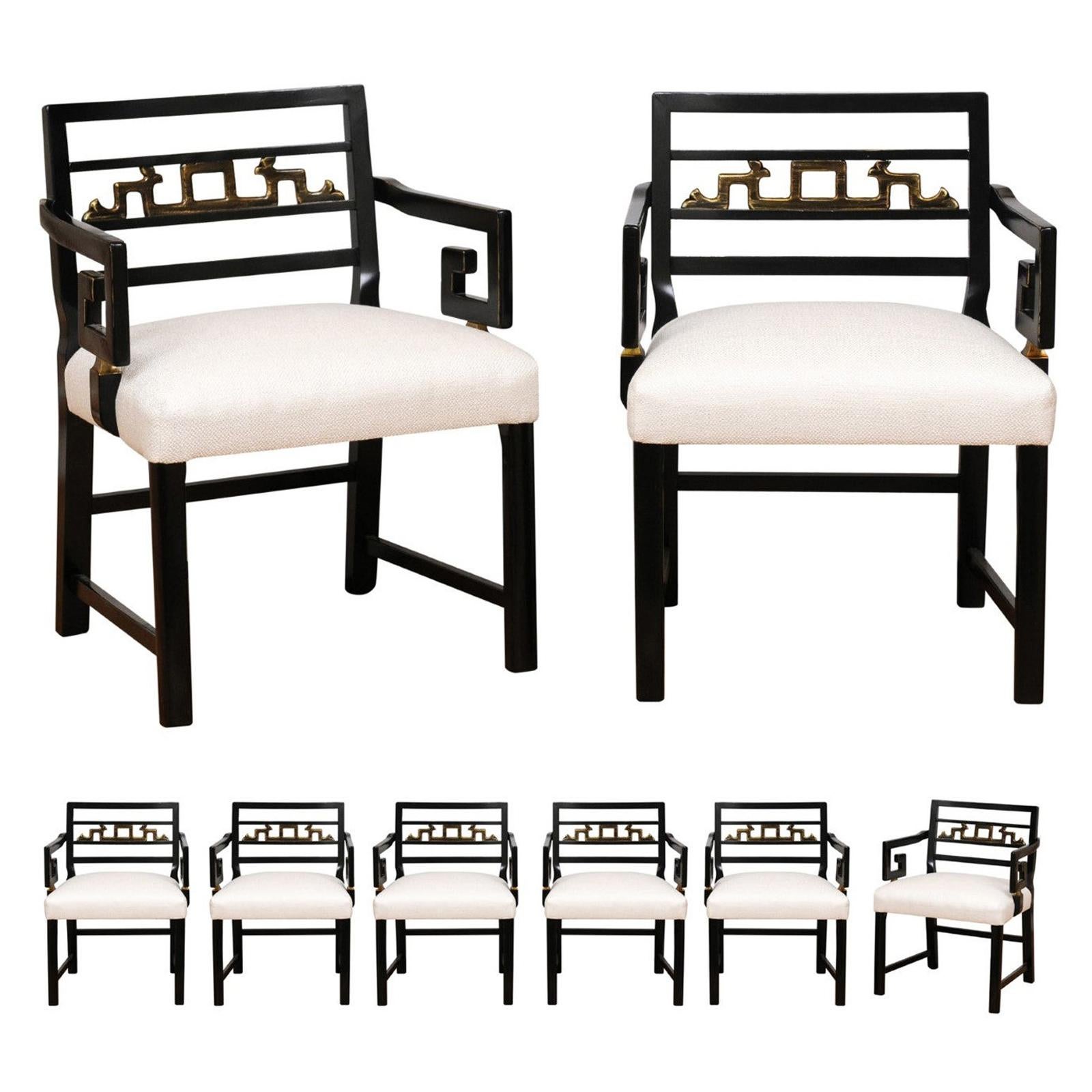 Exquisite Set of 8 Chinoiserie Greek Key Armchairs by Baker, circa 1960 For Sale