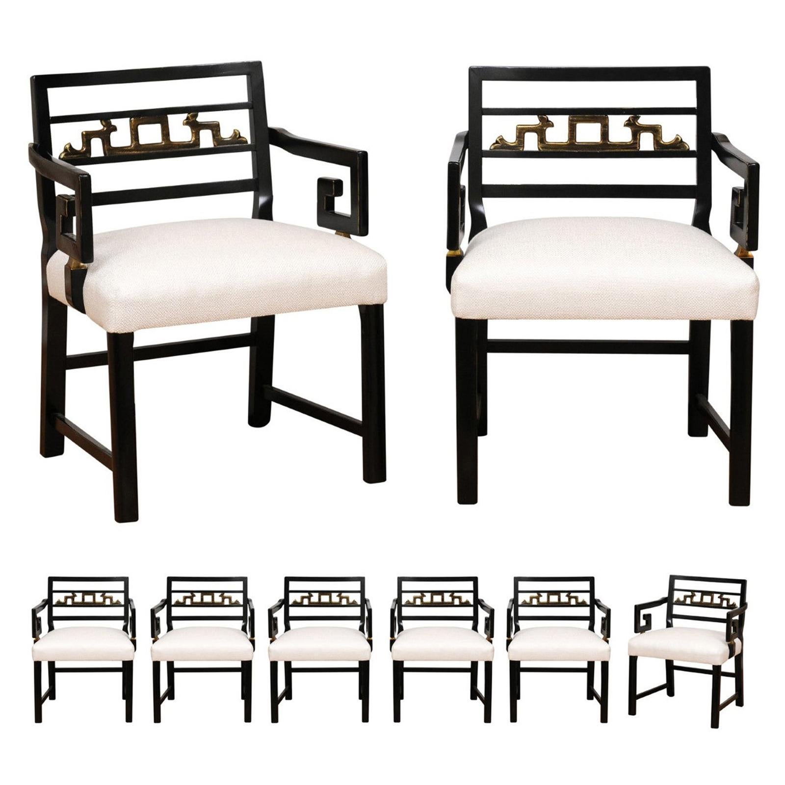 Ensemble exquis de 8 fauteuils à clé grecque en Chinoiserie Vintage par Baker, circa 1960