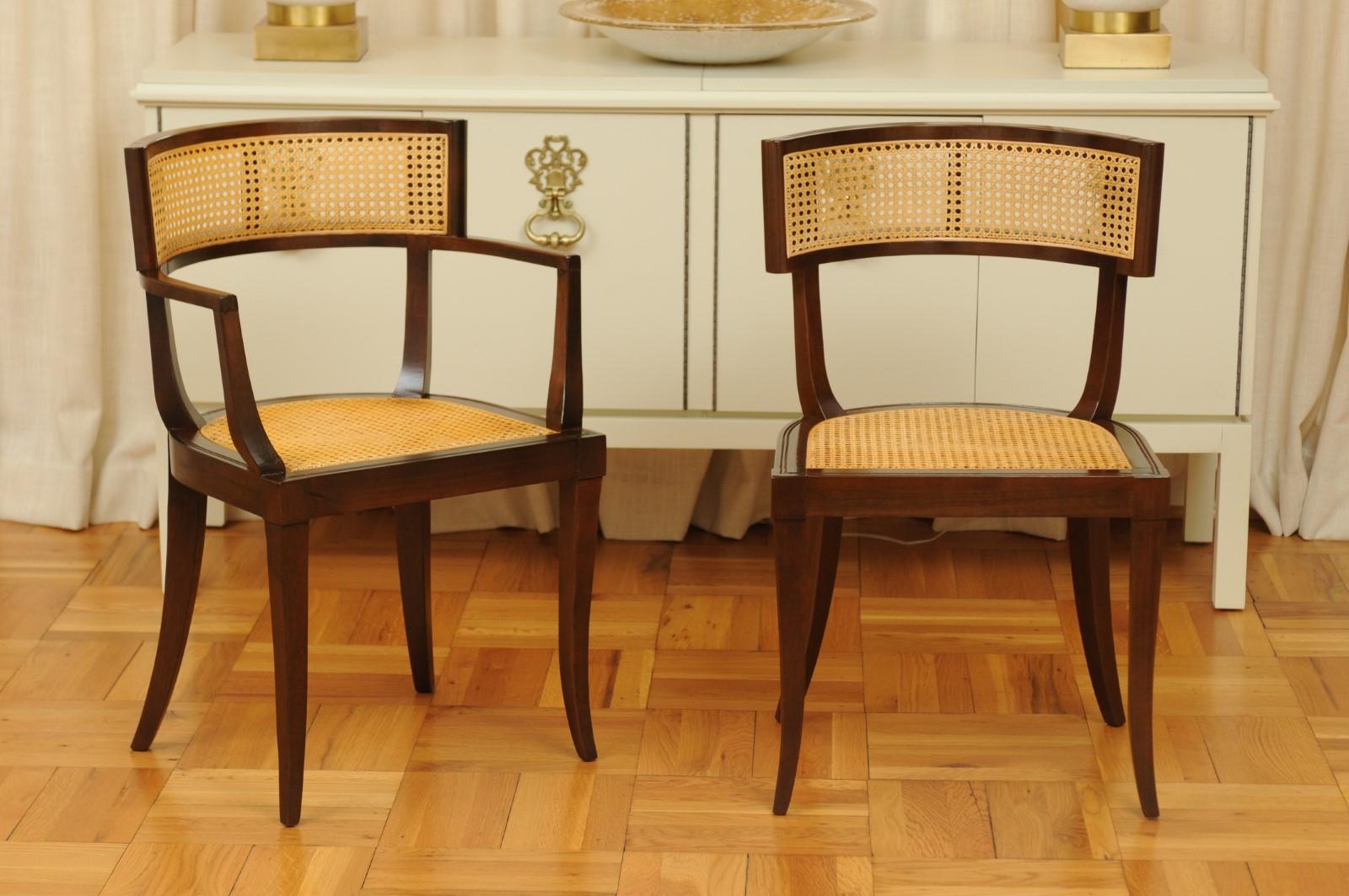 These magnificent dining chairs are shipped as professionally photographed and described in the listing narrative: Meticulously professionally restored and installation ready. Expert custom upholstery service is available.

The rarest of the rare,