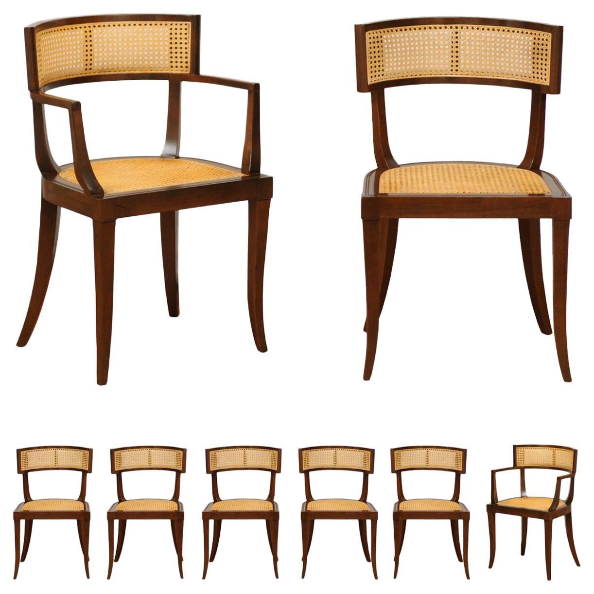 Exquisite Set of 8 Klismos Cane Dining Chairs by Baker, circa 1958, Cane Seats