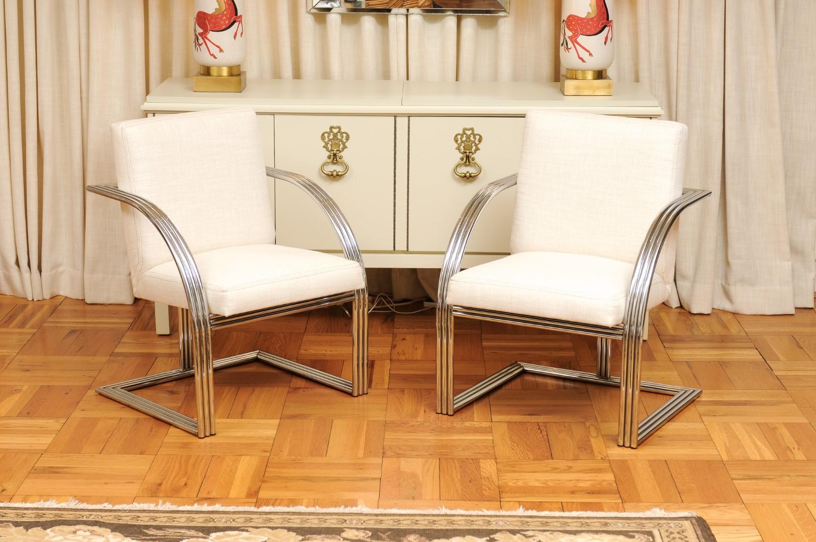 Magnifique ensemble de 8 chaises de salle à manger Art Déco Revival en acier vintage de Milo Baughman en vente 11