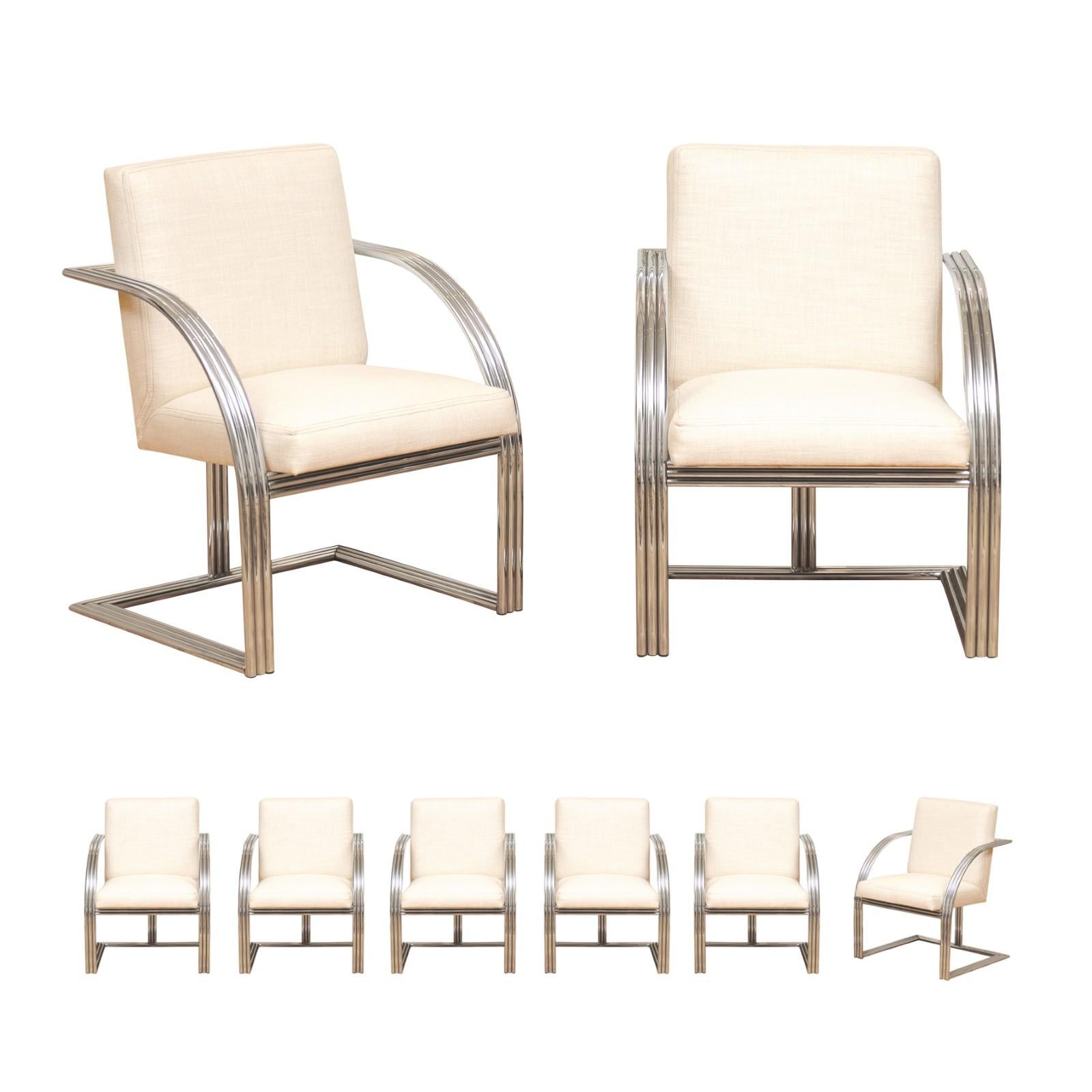Magnifique ensemble de 8 chaises de salle à manger Art Déco Revival en acier vintage de Milo Baughman en vente 12