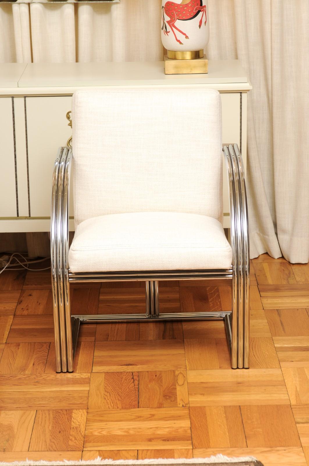 Exquisiter Satz von 8 Vintage-Esszimmerstühlen aus Stahl im Art déco-Stil im Art déco-Revival-Stil von Milo Baughman (Ende des 20. Jahrhunderts) im Angebot