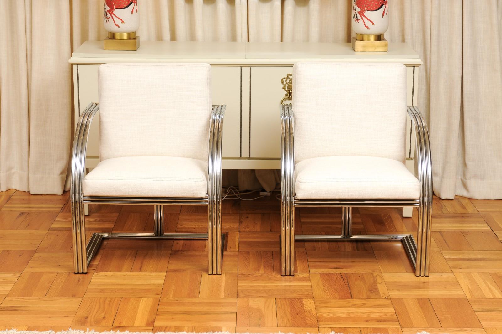 Exquisiter Satz von 8 Vintage-Esszimmerstühlen aus Stahl im Art déco-Stil im Art déco-Revival-Stil von Milo Baughman im Angebot 1