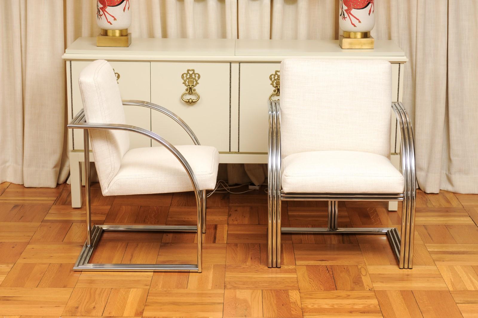Acier Magnifique ensemble de 8 chaises de salle à manger Art Déco Revival en acier vintage de Milo Baughman en vente