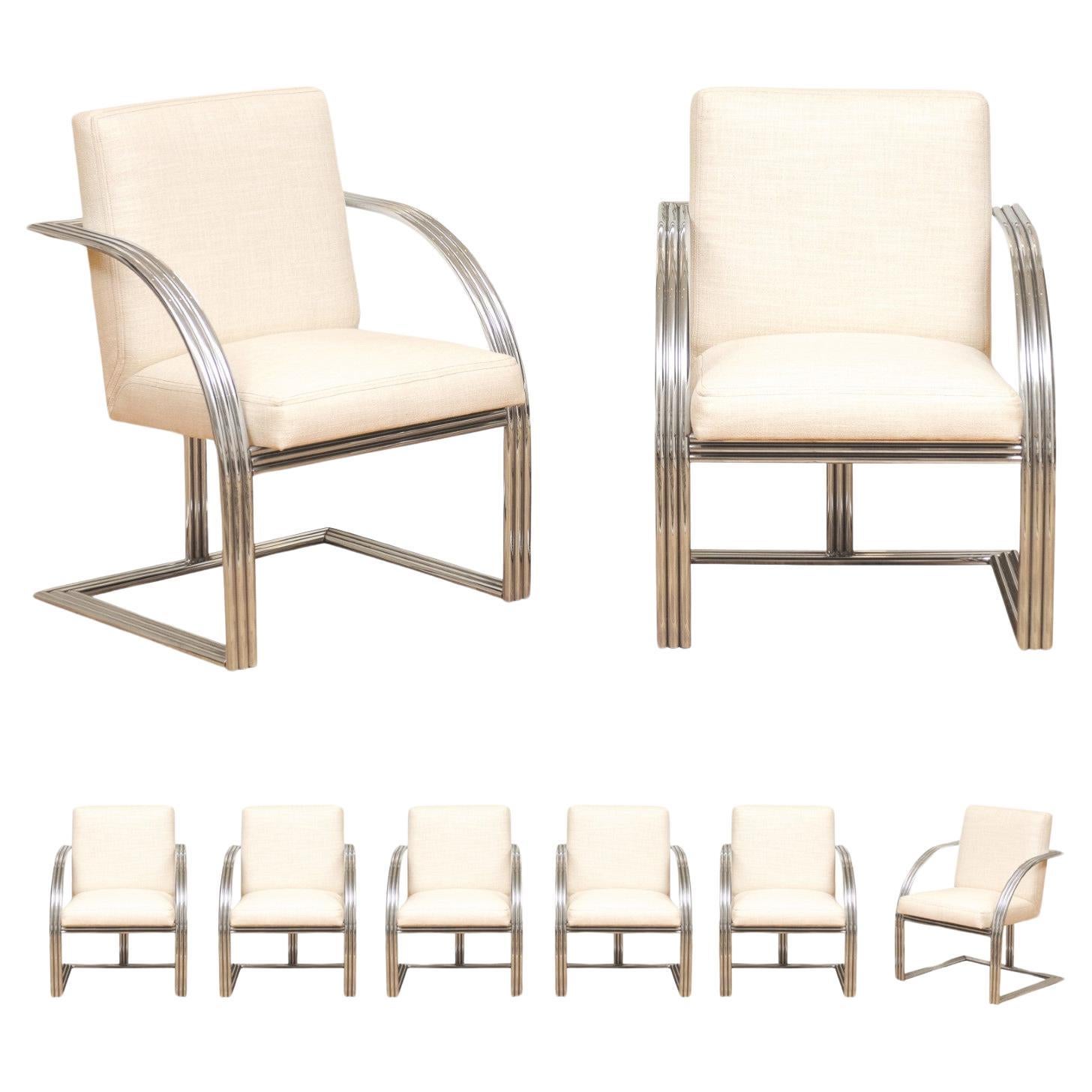 Exquisite Set of 8 Vintage Steel Art Deco Revival Dining Chairs by Milo Baughman For Sale
