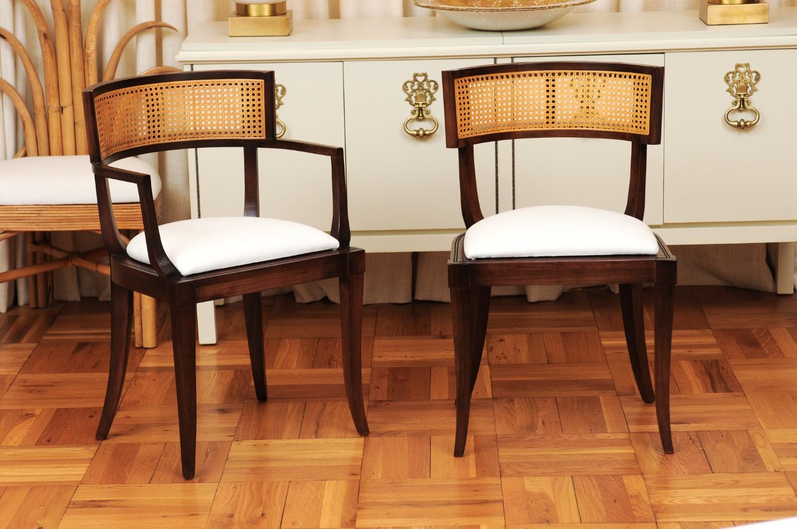 This magnificent set of dining chairs is shipped as professionally photographed and described in the listing narrative: Meticulously professionally restored, newly upholstered and completely installation ready. Expert custom upholstery service is