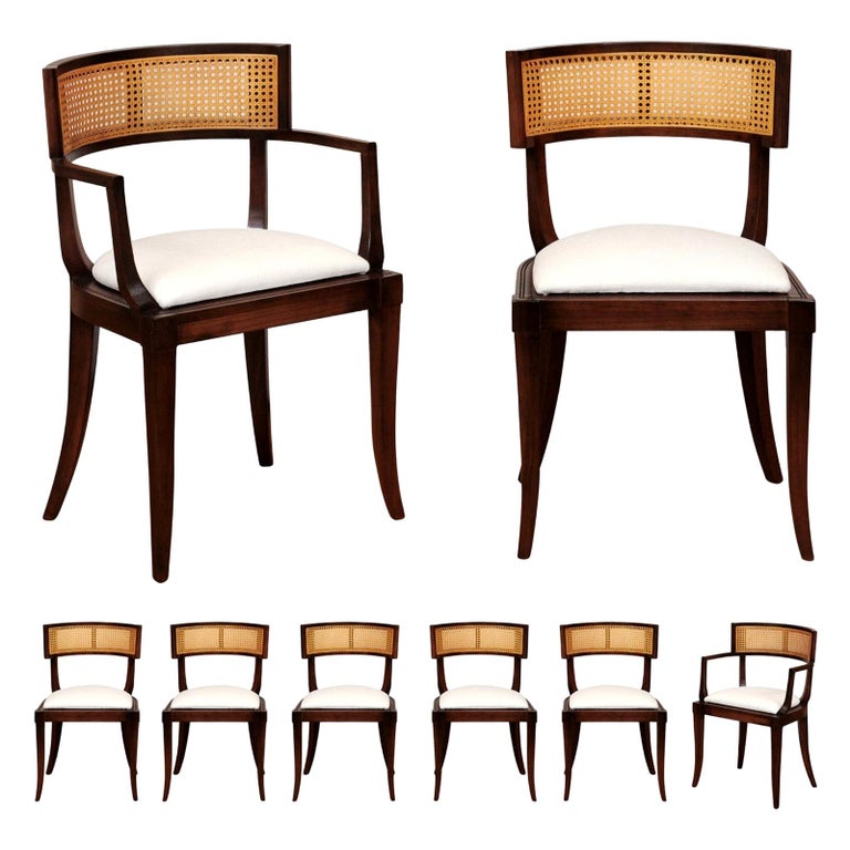 Exquisite Set of Eight 8 Klismos Cane Dining Chairs by Baker, circa 1958 For Sale