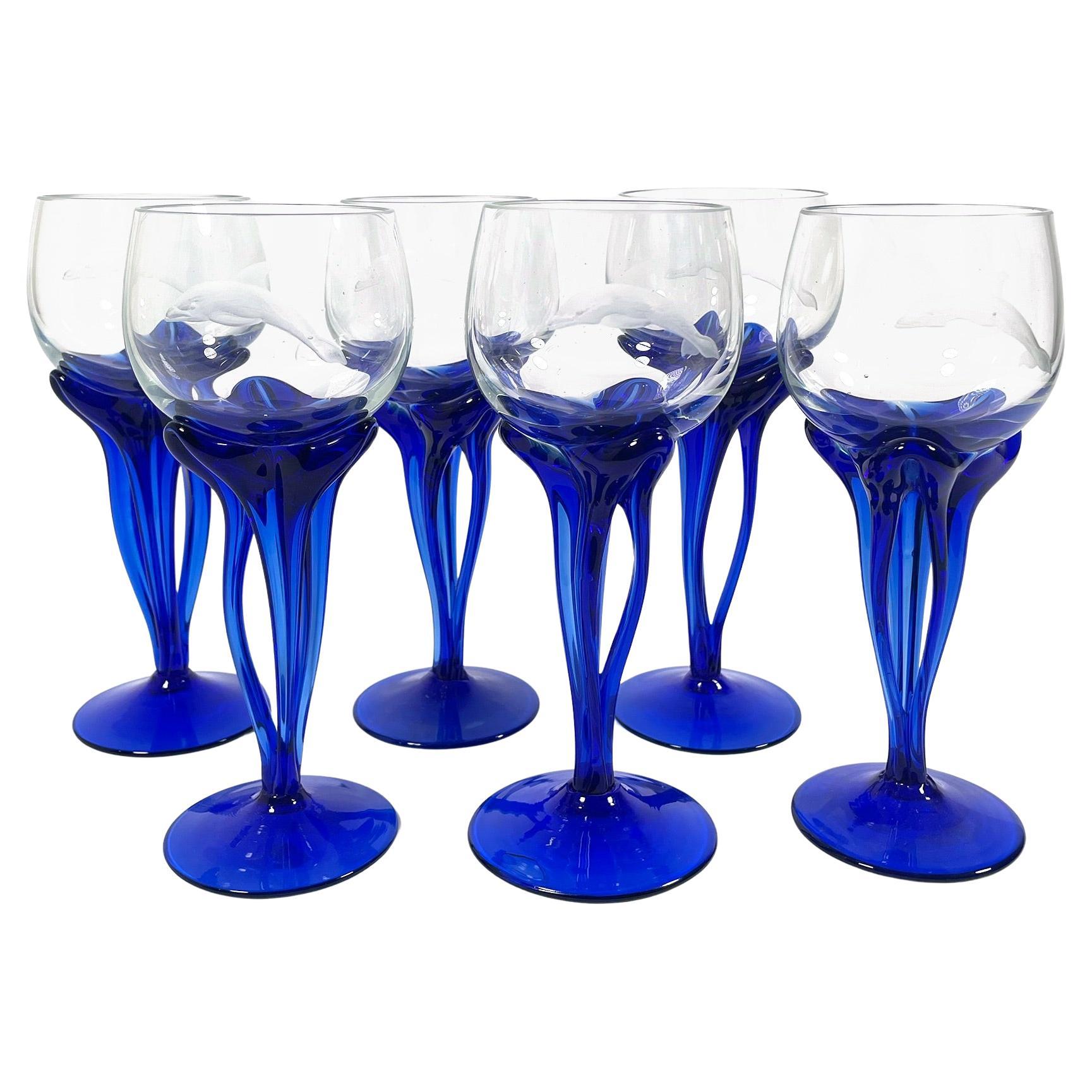 Exquisite Set of Six Hand-Engraved Dolphin Motif Murano Wine Glasses