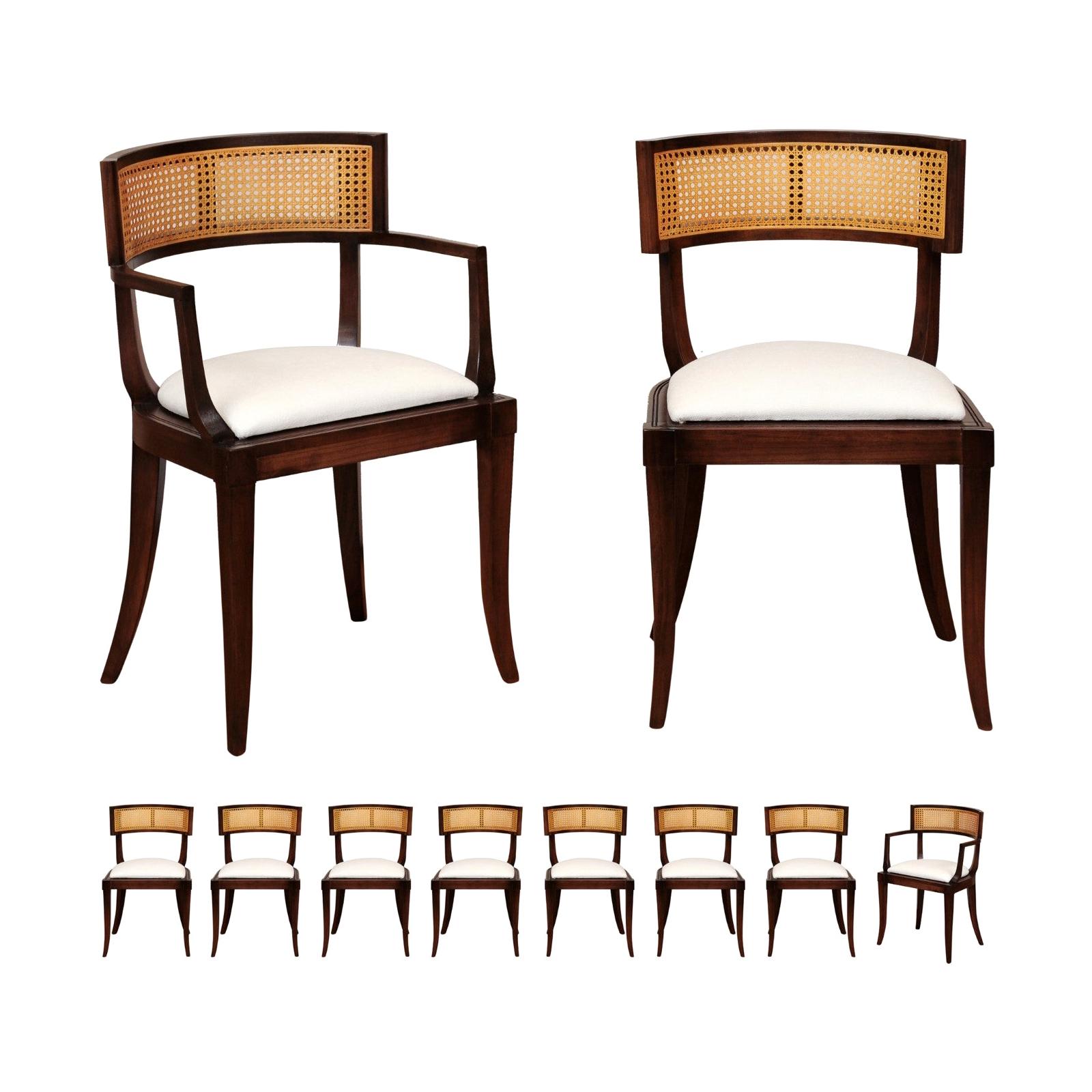 Exquisite Set of 10 Vintage Klismos Cane Dining Chairs by Baker, circa 1958