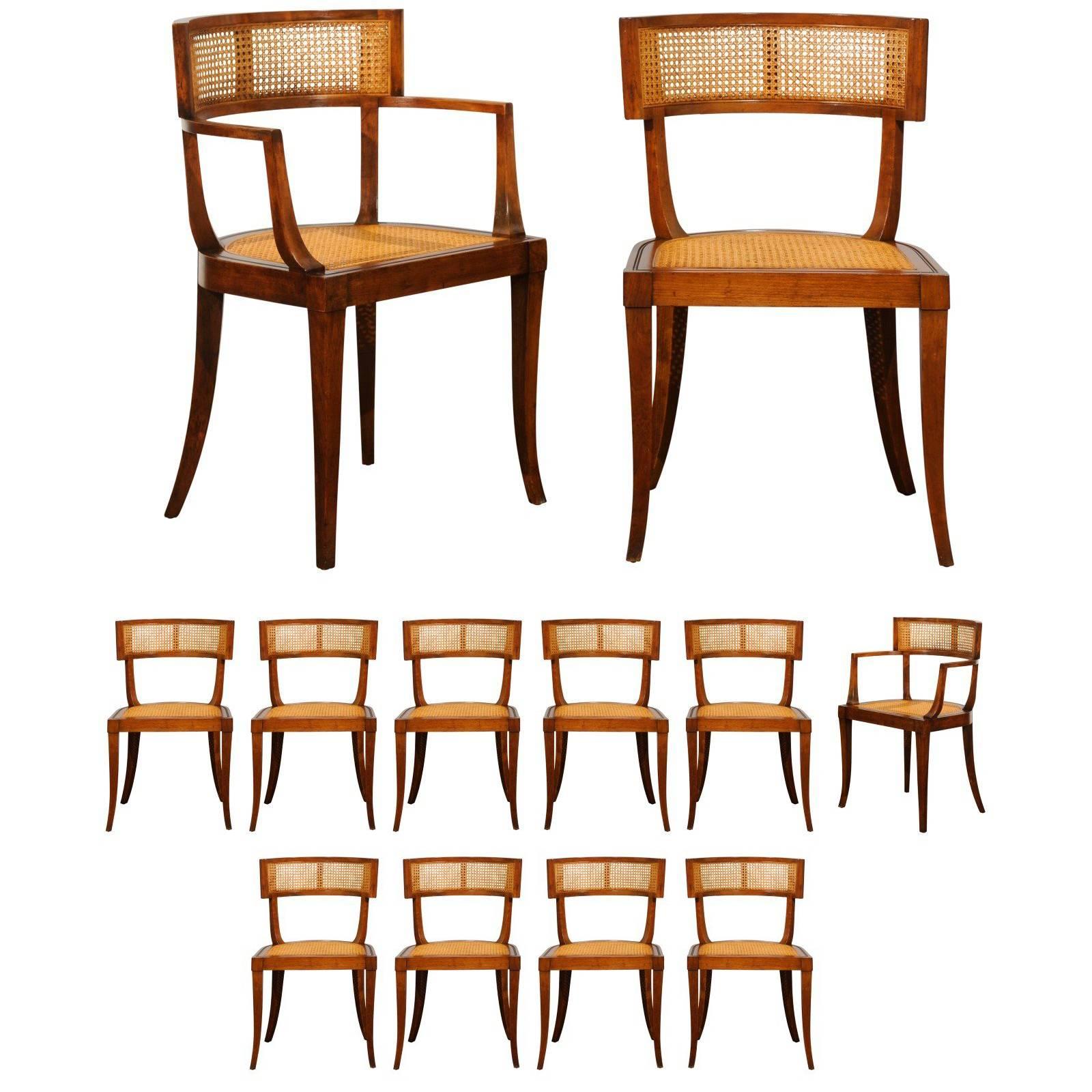 Exquisite Set of Twelve Klismos Cane Dining Chairs by Baker, circa 1958