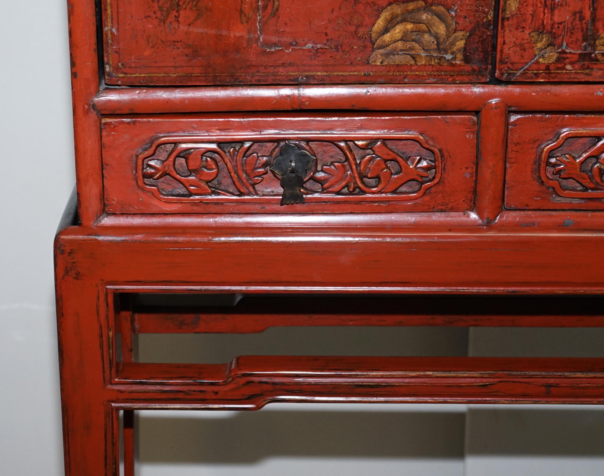 Rare & Exquisite Antique 19th Century Chinese Red Lacquer Cabinet on Stand For Sale 5
