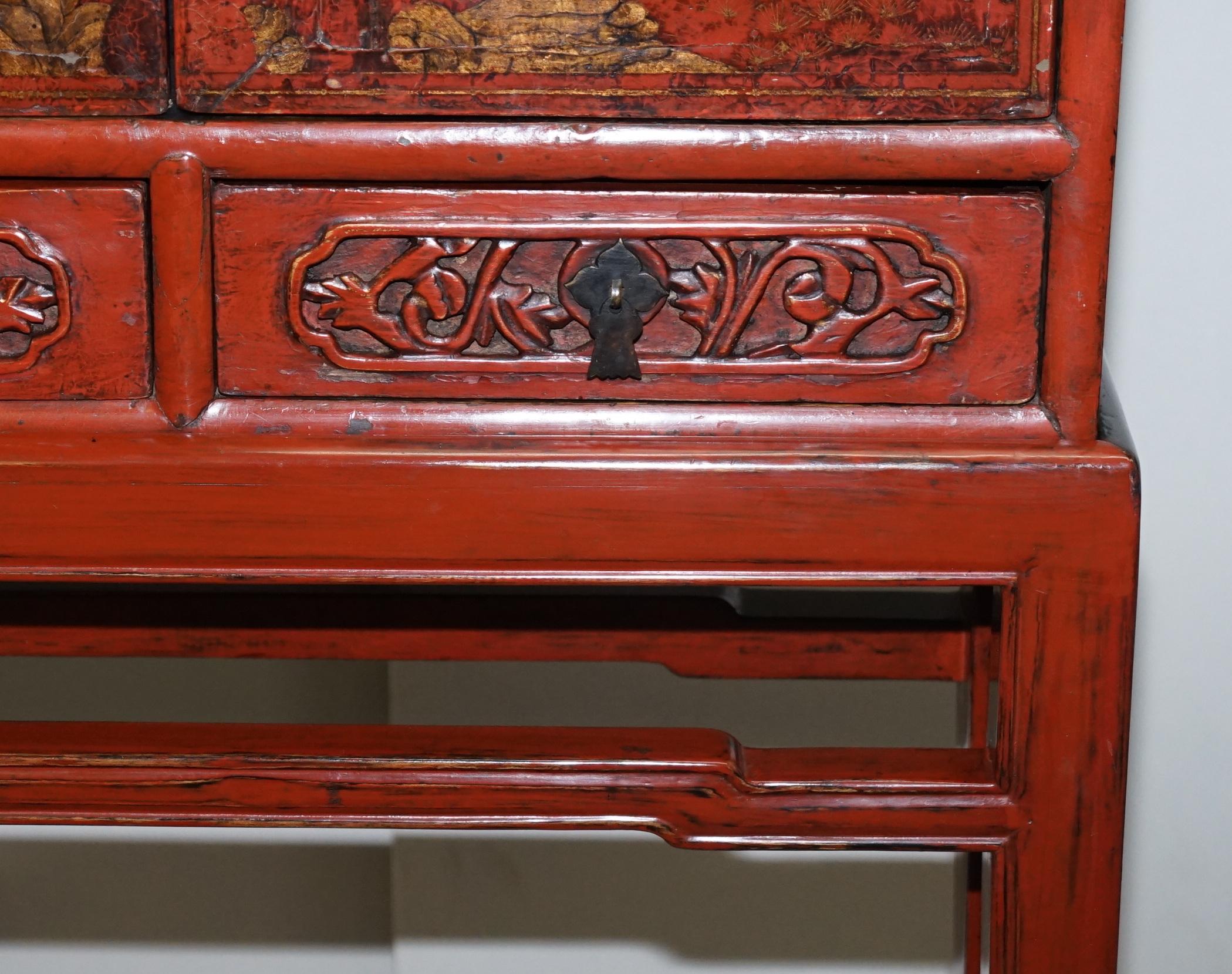 Rare & Exquisite Antique 19th Century Chinese Red Lacquer Cabinet on Stand For Sale 7