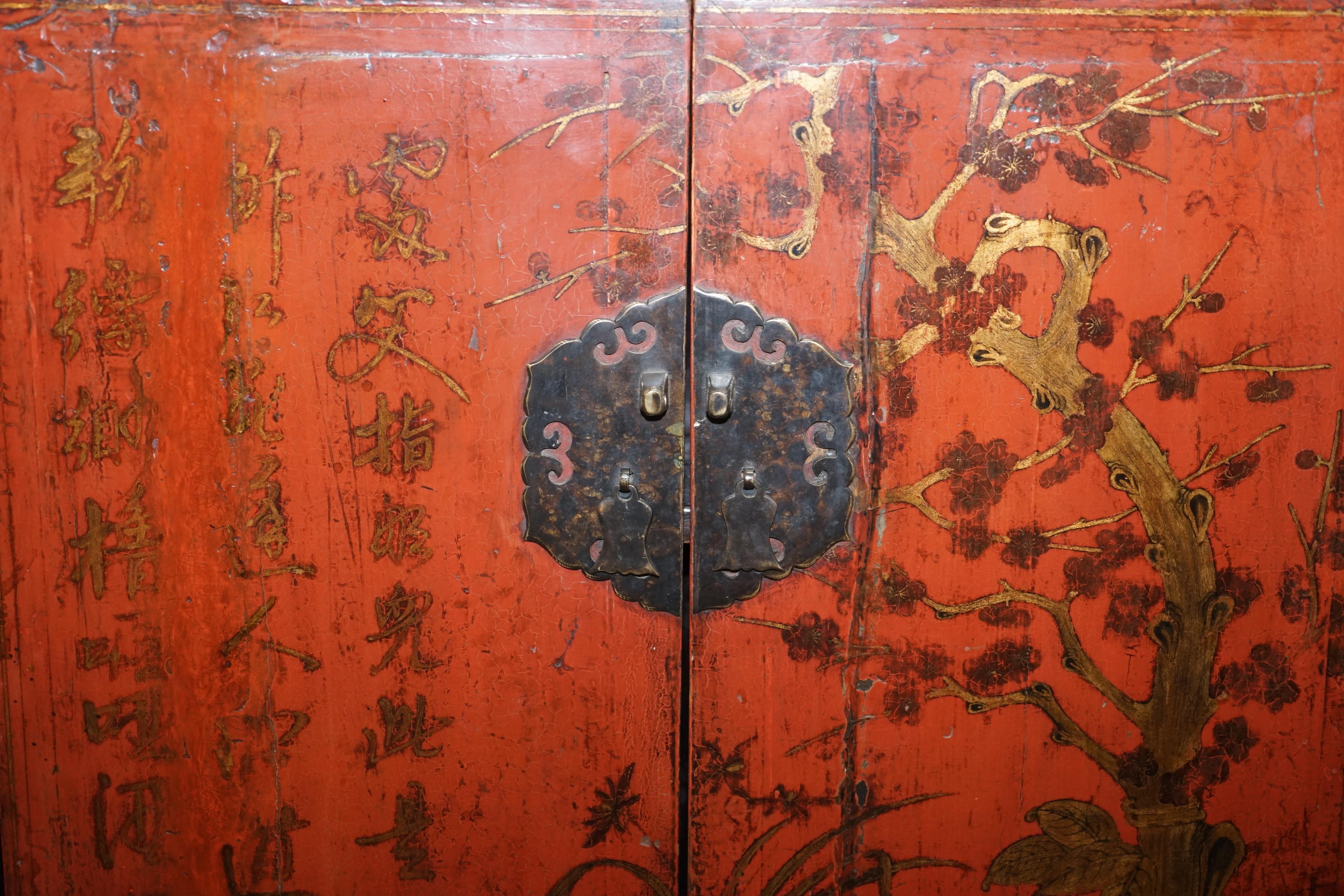 Rare & Exquisite Antique 19th Century Chinese Red Lacquer Cabinet on Stand For Sale 8