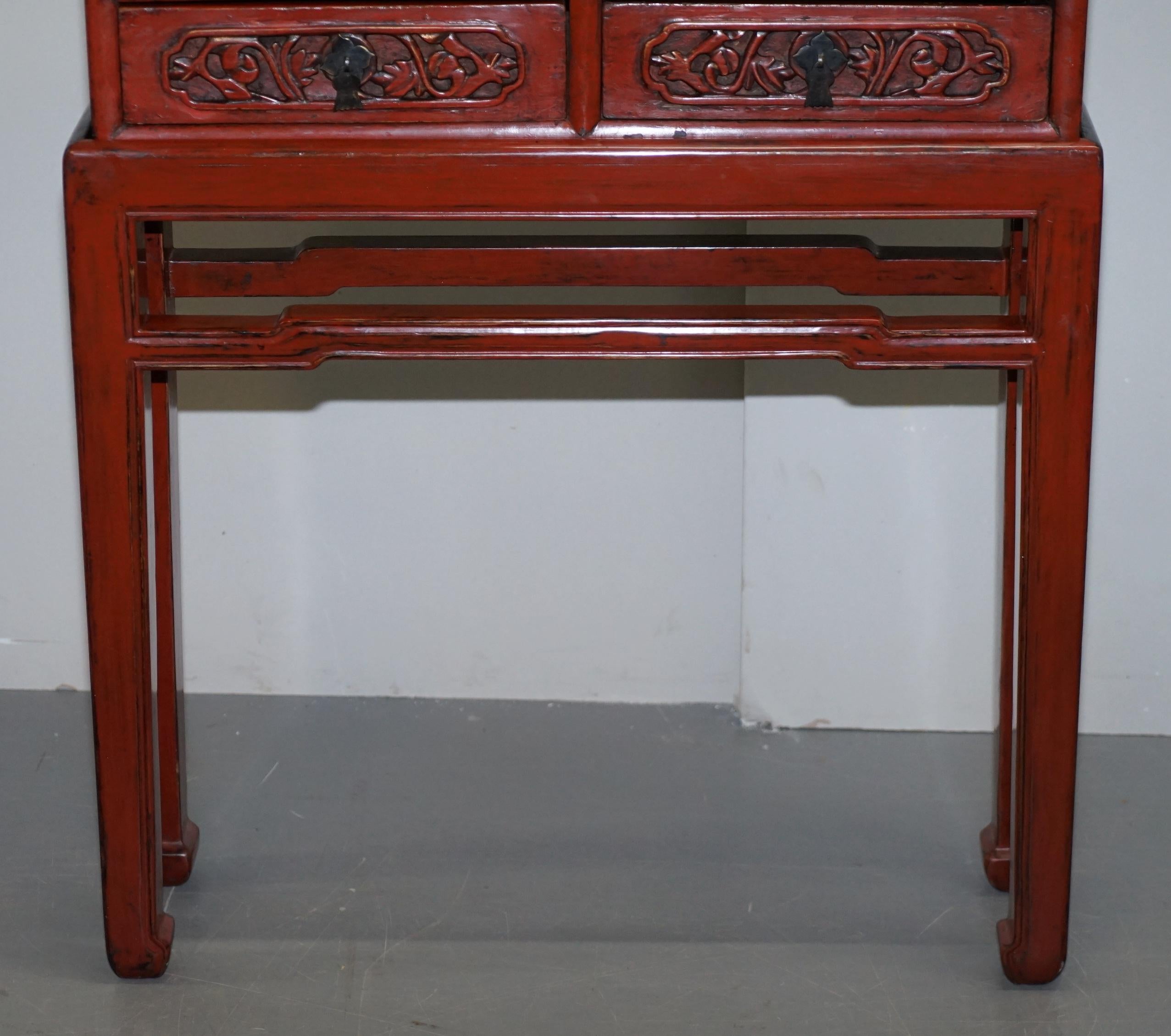 Rare & Exquisite Antique 19th Century Chinese Red Lacquer Cabinet on Stand For Sale 9