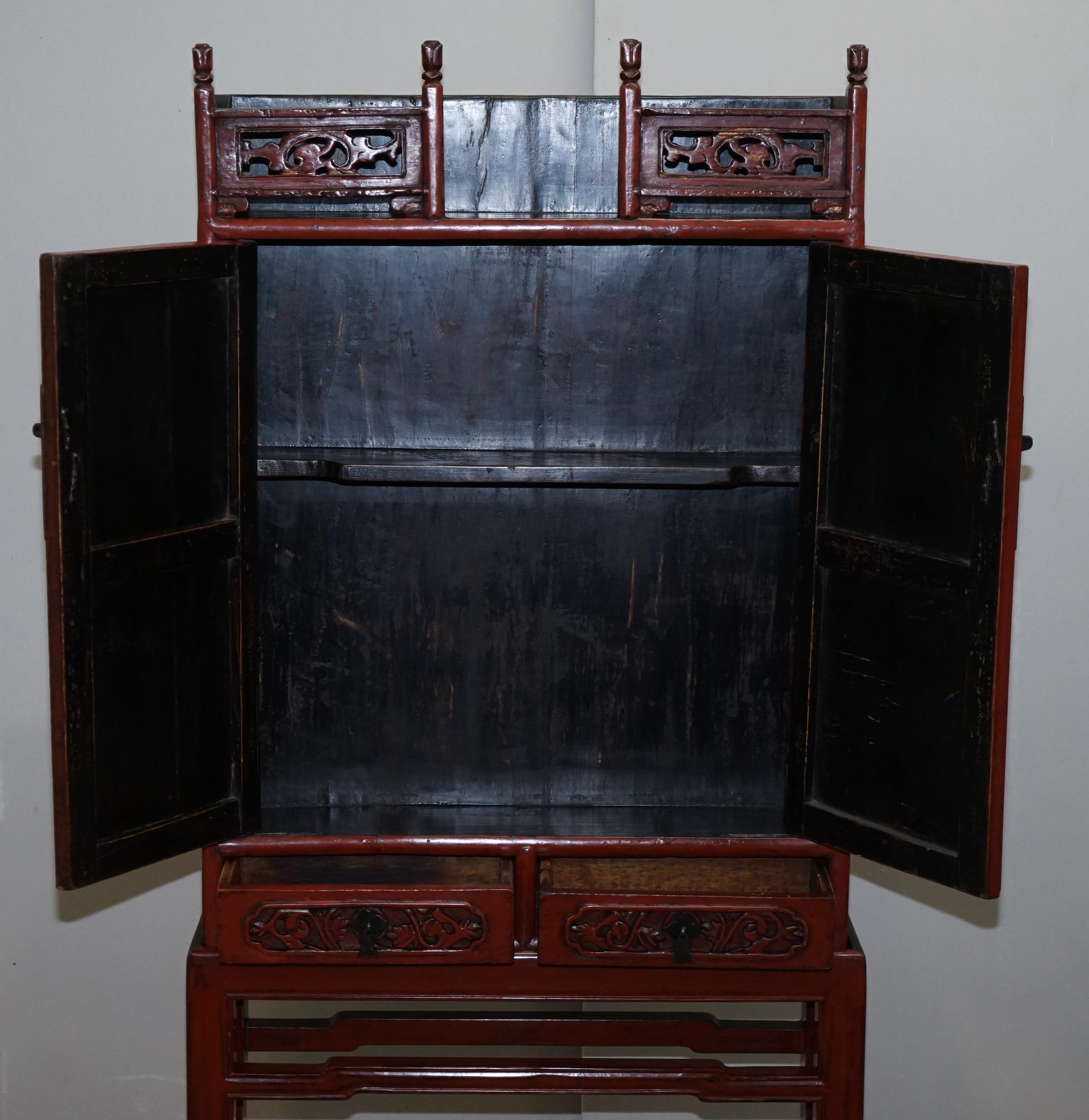 Rare & Exquisite Antique 19th Century Chinese Red Lacquer Cabinet on Stand For Sale 13