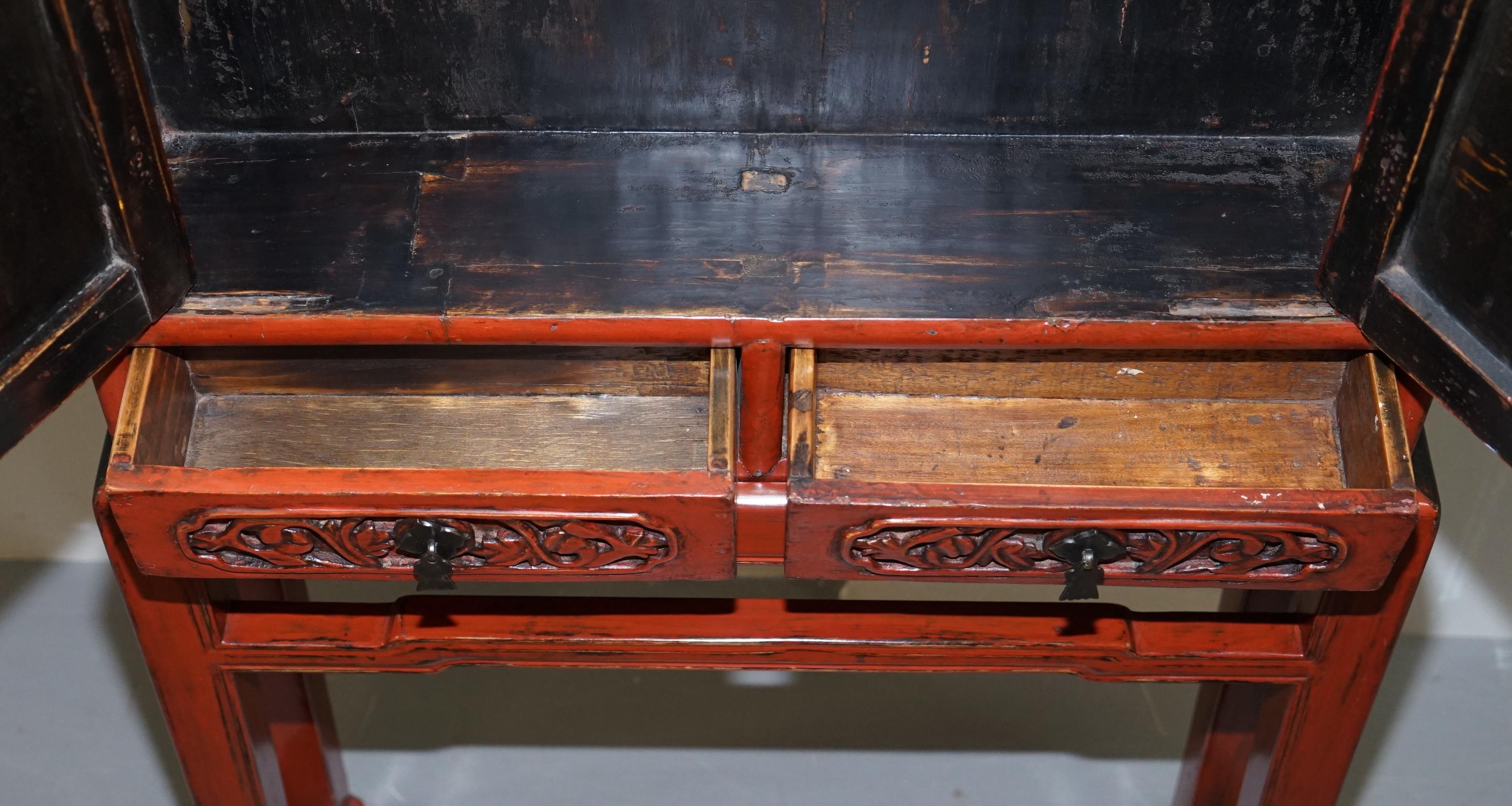 Rare & Exquisite Antique 19th Century Chinese Red Lacquer Cabinet on Stand For Sale 14