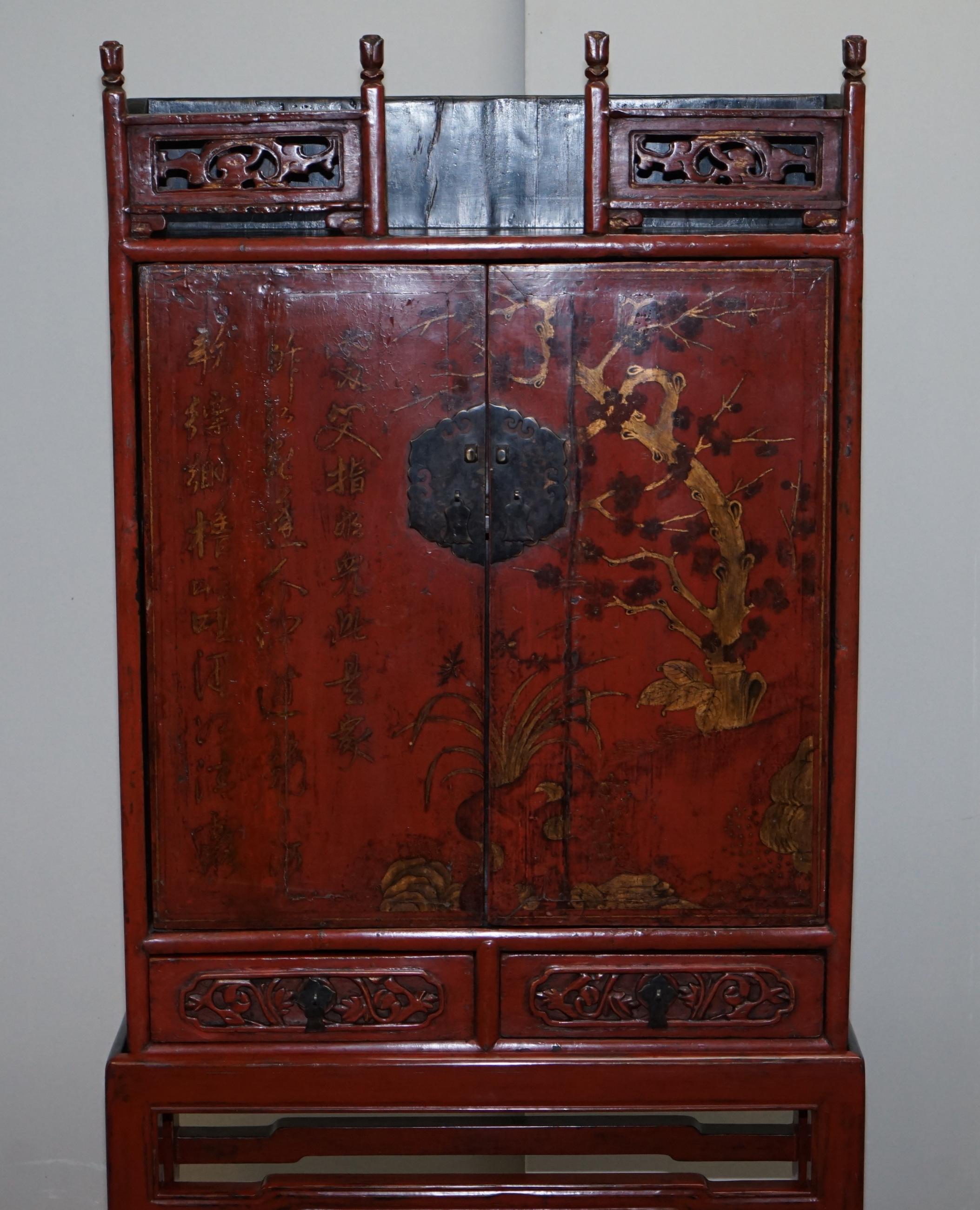 Chinese Chippendale Rare & Exquisite Antique 19th Century Chinese Red Lacquer Cabinet on Stand For Sale