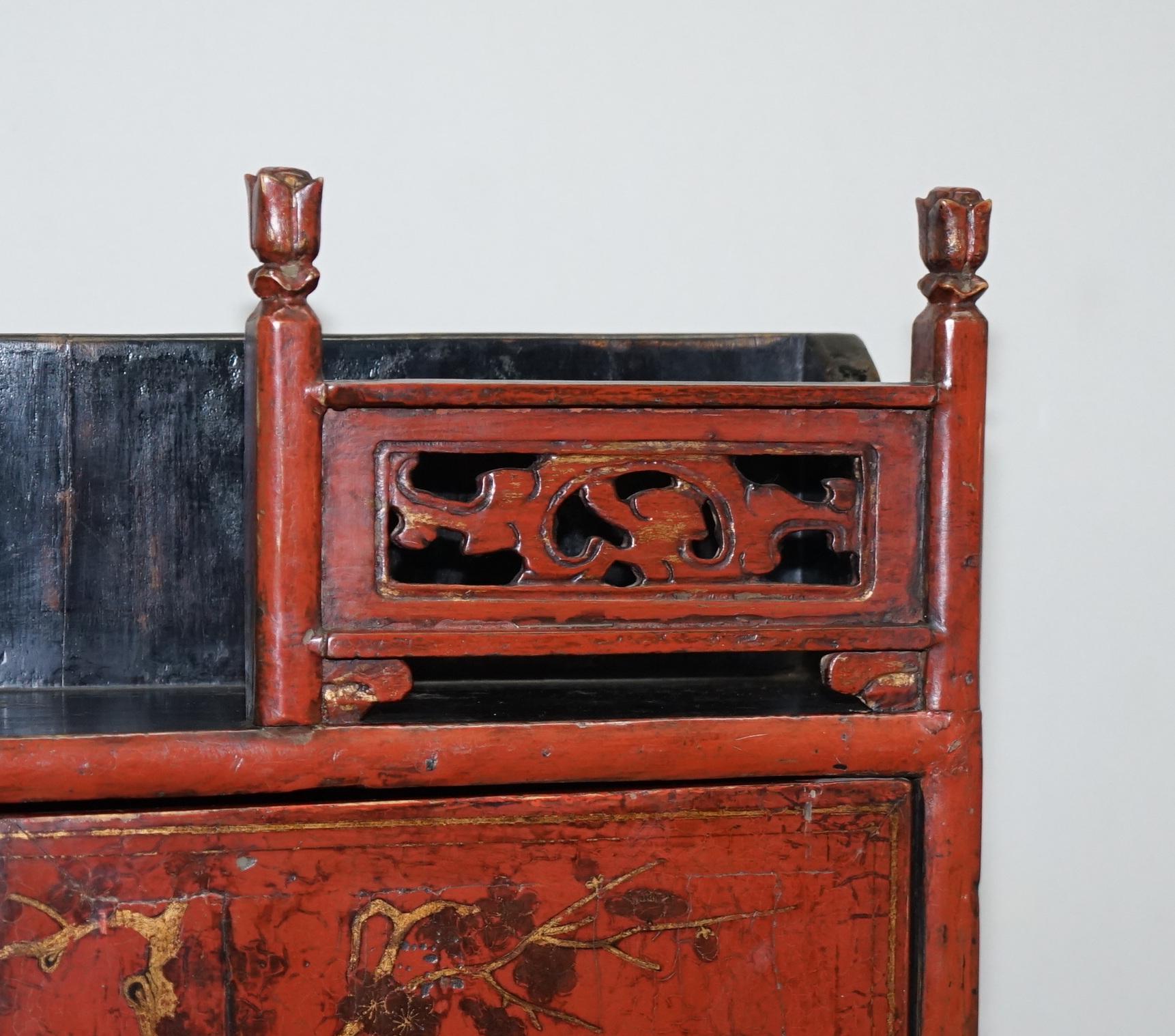Mid-19th Century Rare & Exquisite Antique 19th Century Chinese Red Lacquer Cabinet on Stand For Sale
