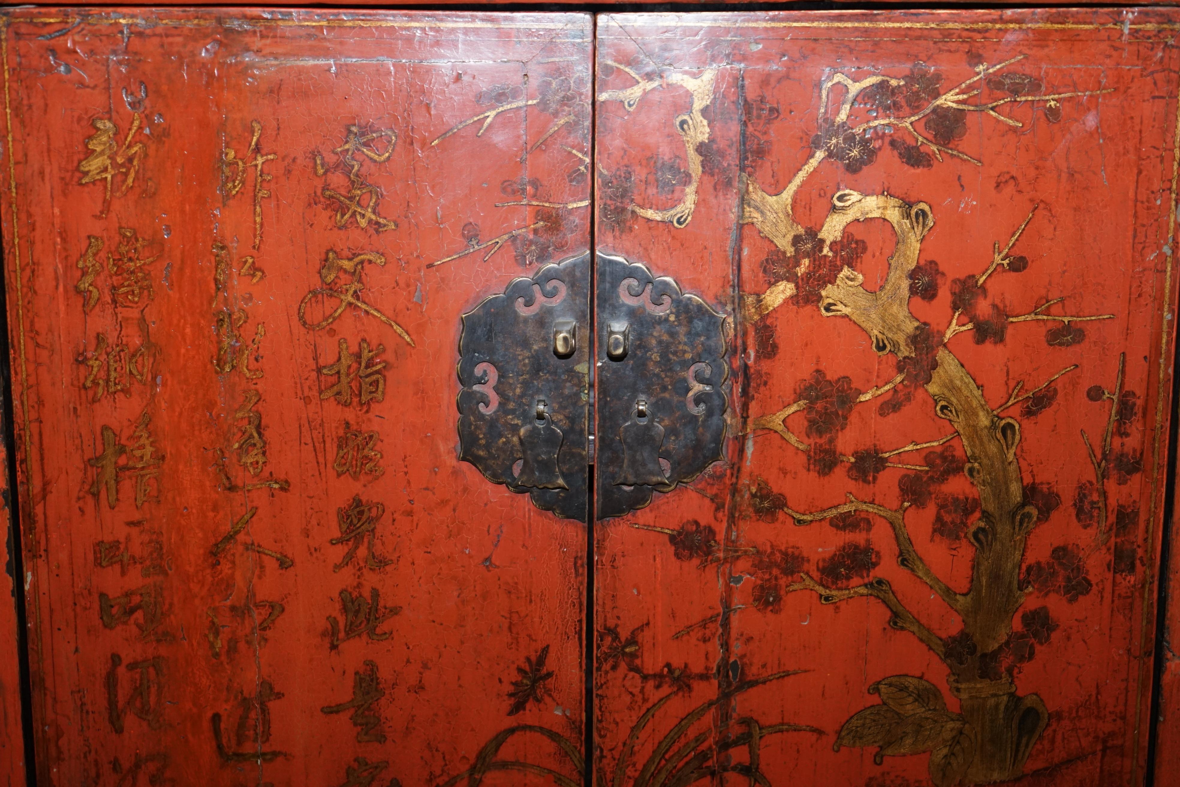 Wood Rare & Exquisite Antique 19th Century Chinese Red Lacquer Cabinet on Stand For Sale