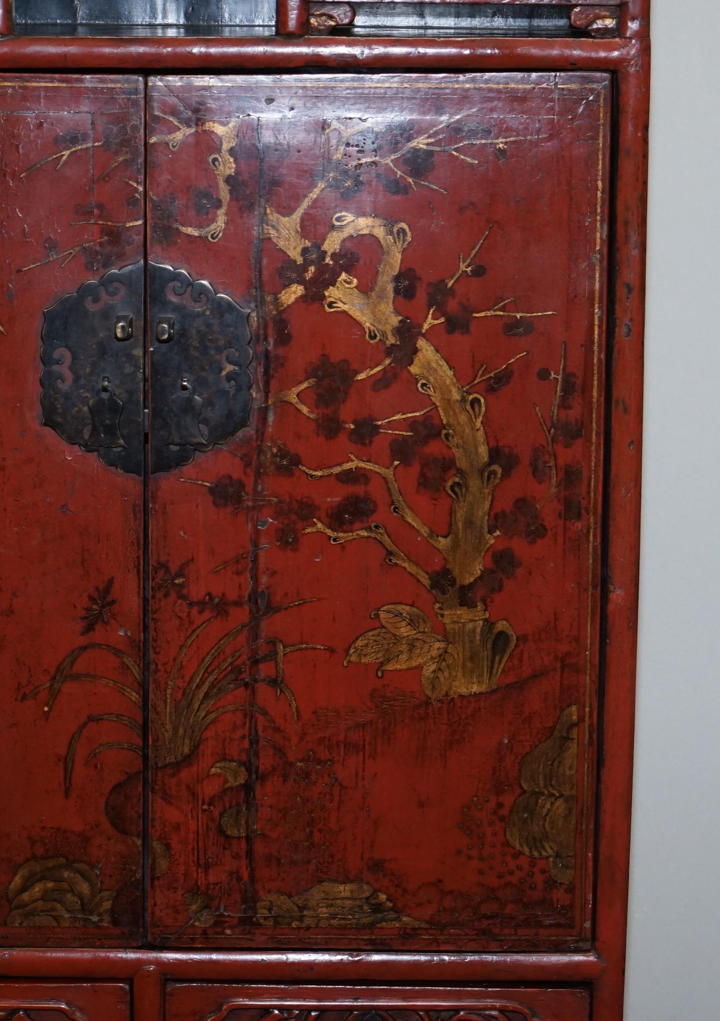 Rare & Exquisite Antique 19th Century Chinese Red Lacquer Cabinet on Stand For Sale 1