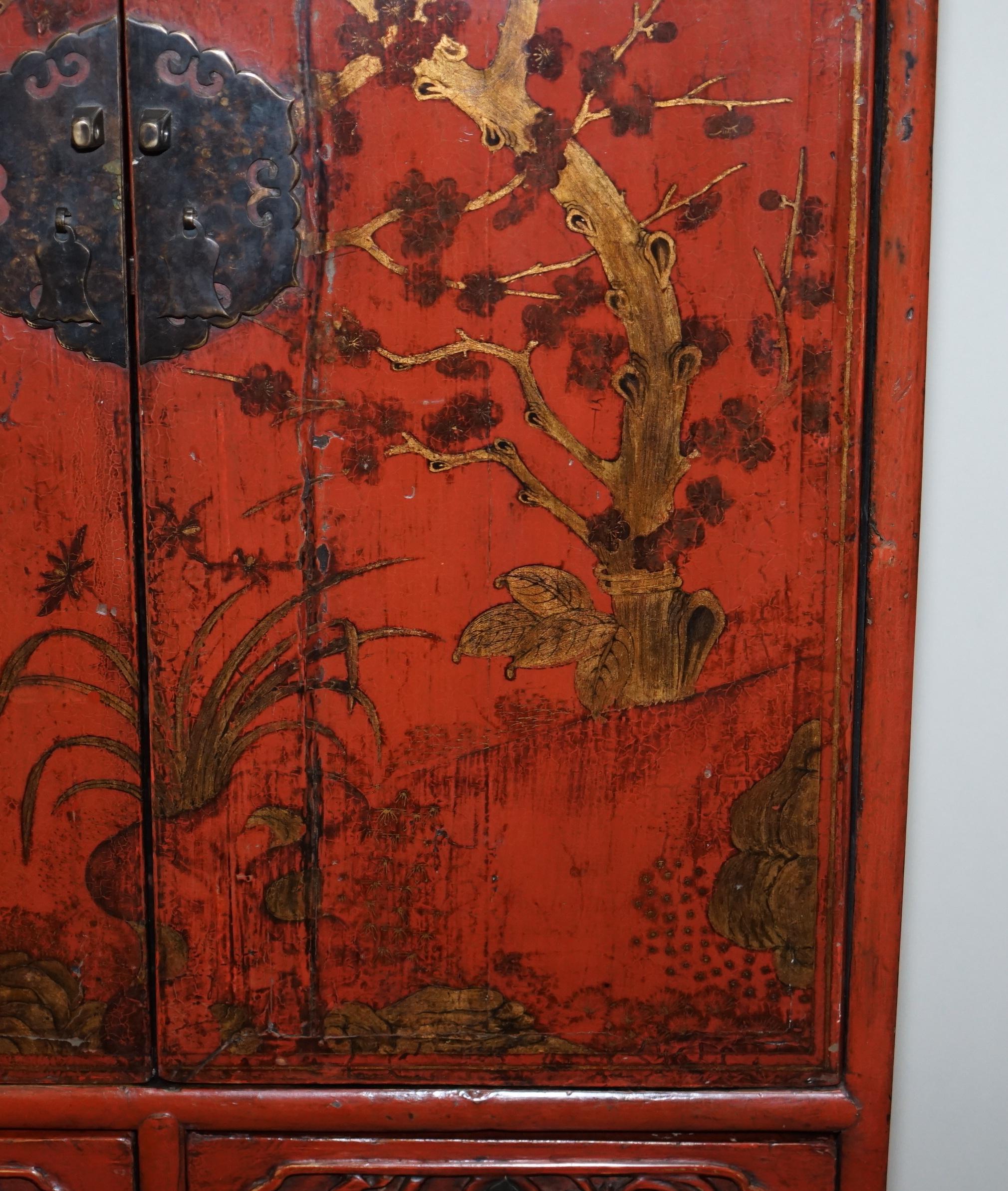 Rare & Exquisite Antique 19th Century Chinese Red Lacquer Cabinet on Stand For Sale 3
