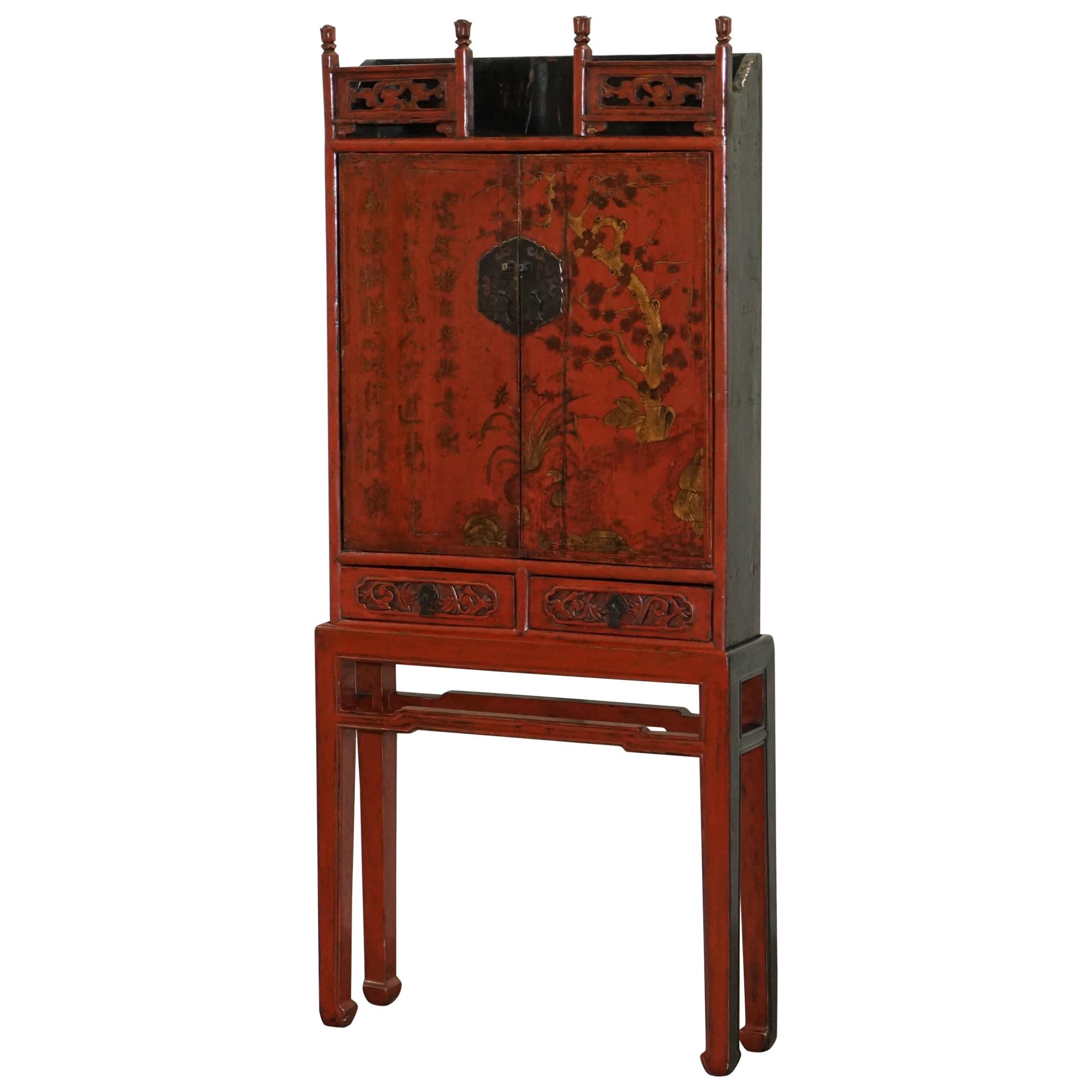 Rare & Exquisite Antique 19th Century Chinese Red Lacquer Cabinet on Stand For Sale