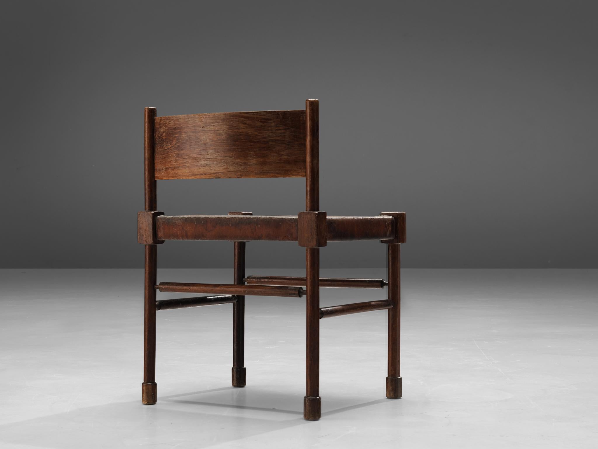 Brazilian Side Chair in Original Patinated Leather and Stained Wood 1