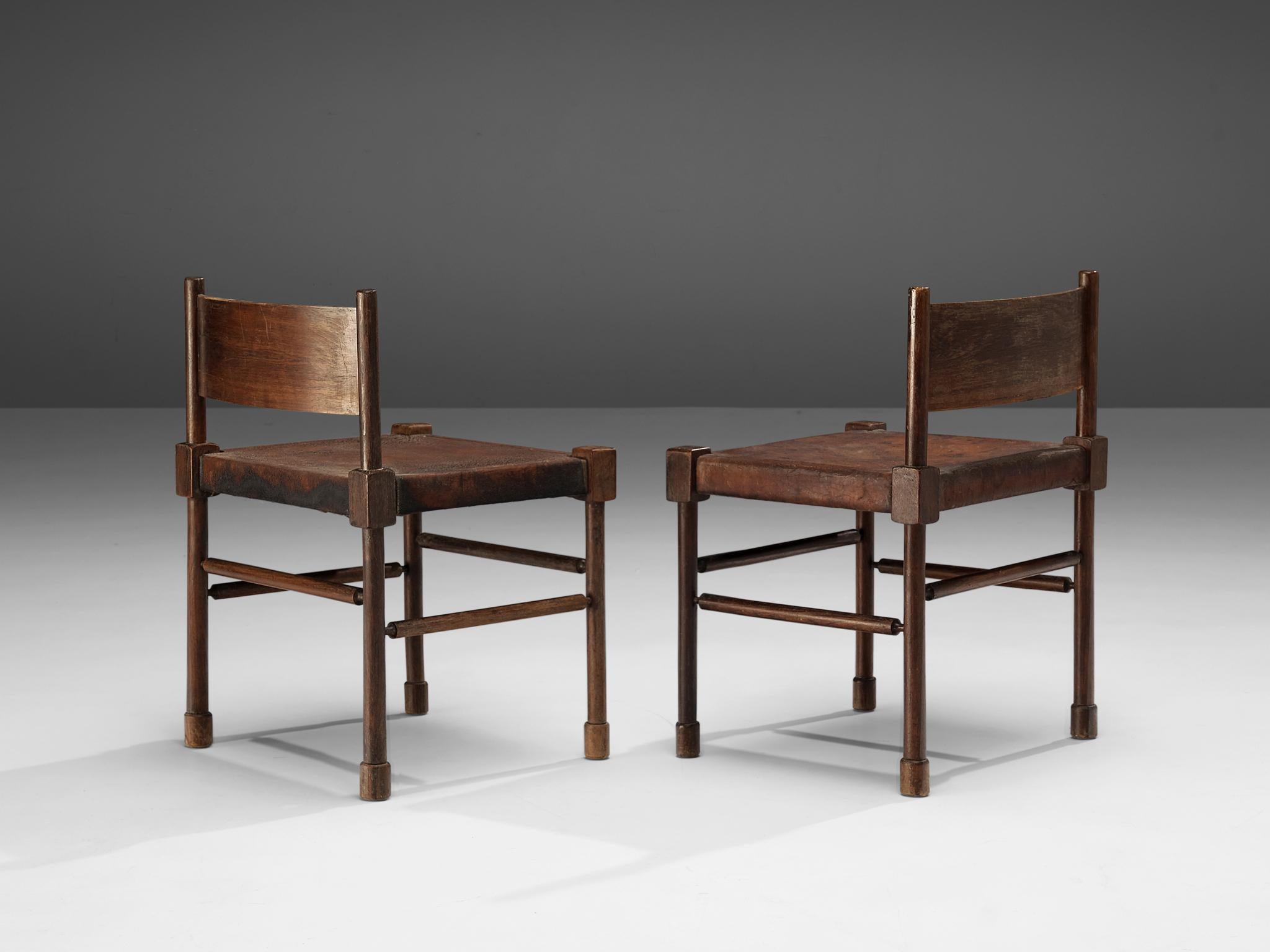 European Side Chairs in Original Patinated Leather and Stained Wood