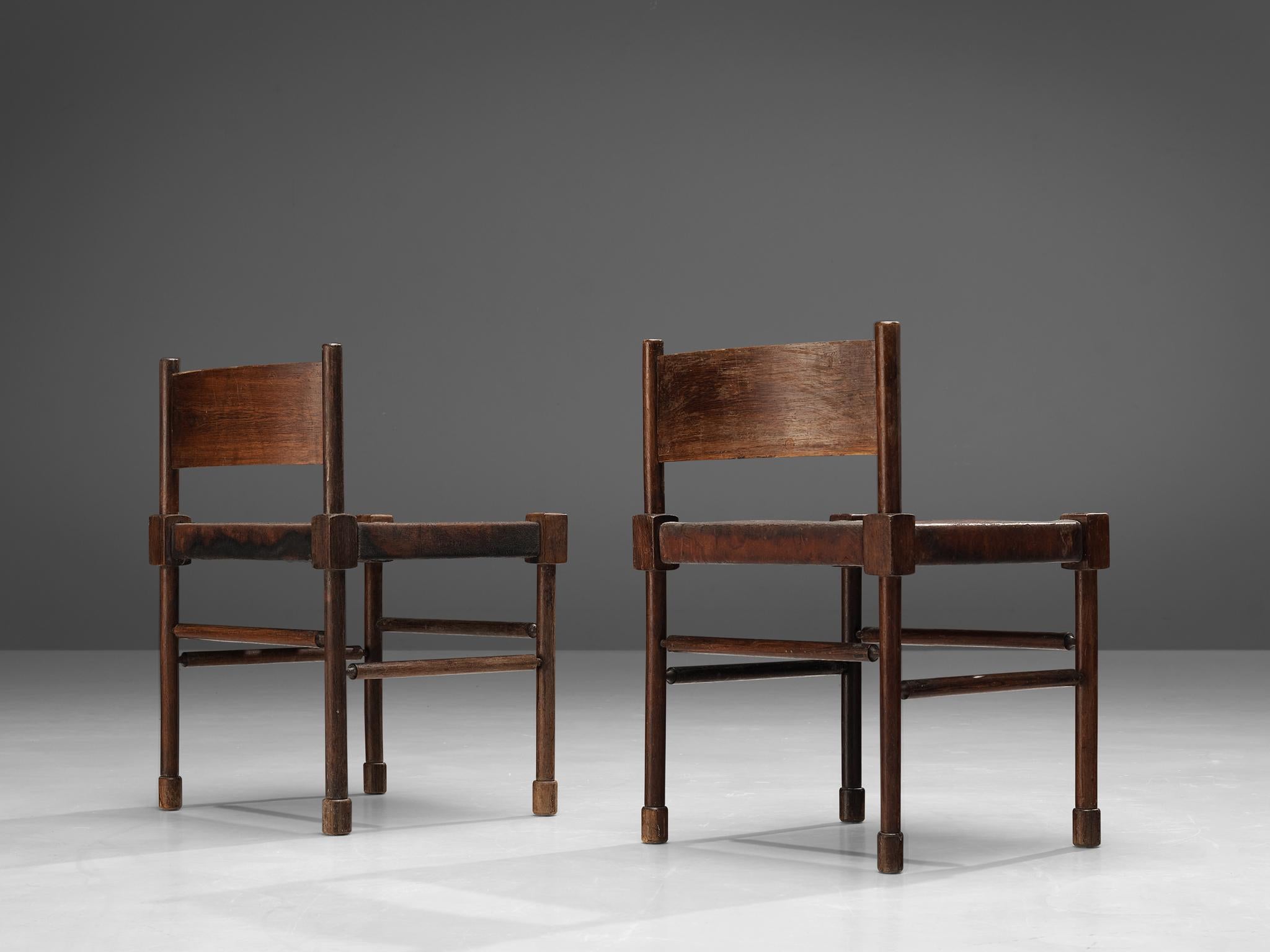 Mid-20th Century Side Chairs in Original Patinated Leather and Stained Wood