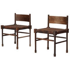 Side Chairs in Original Patinated Leather and Stained Wood