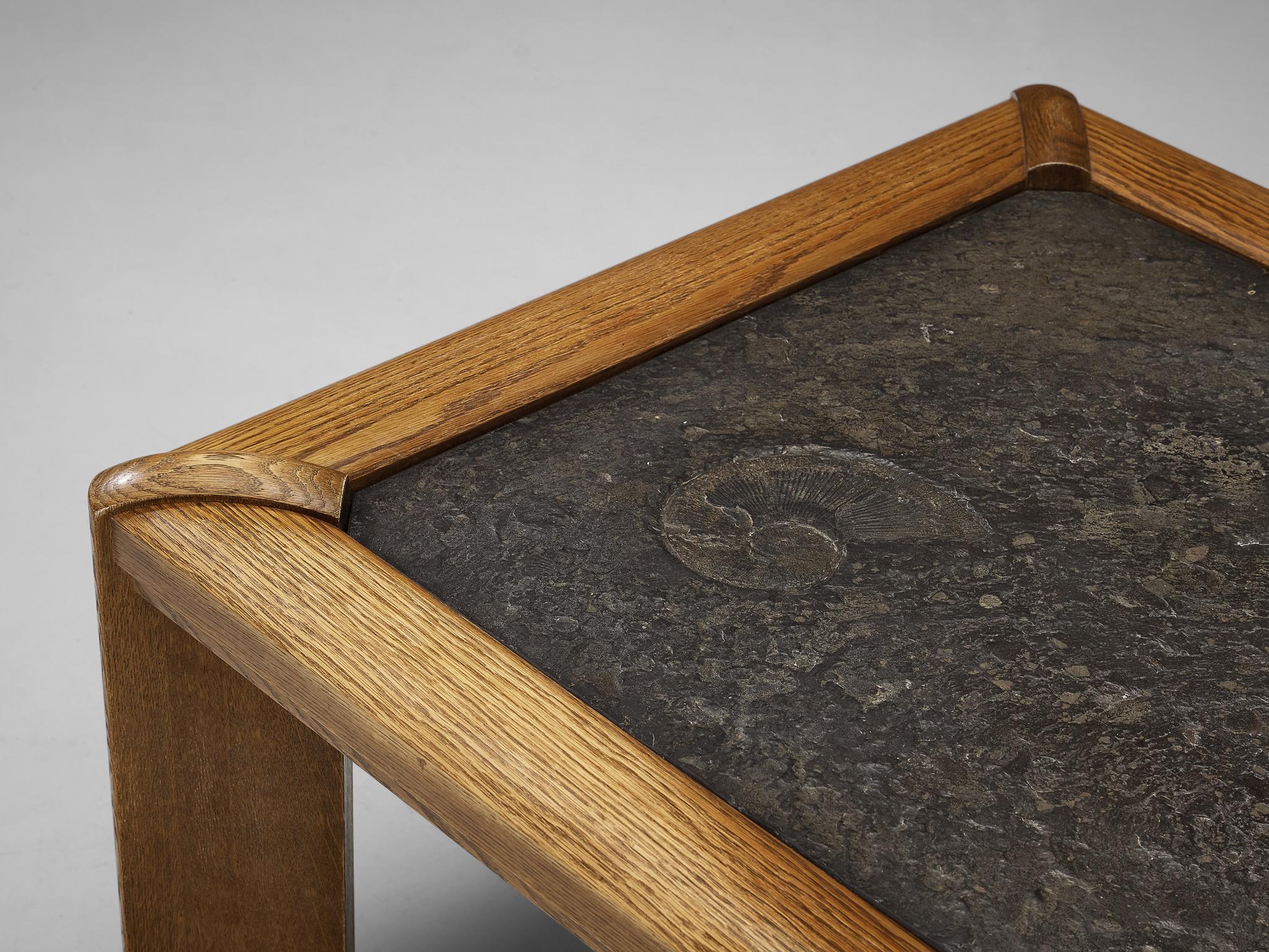 French Exquisite Side Table in Fossil Stone and Oak