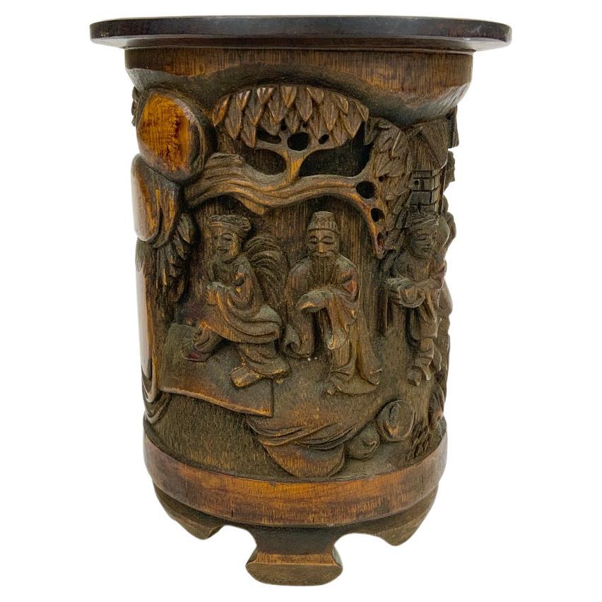 Exquisite Signed Chinese Carved Bamboo Root Brush Pot
