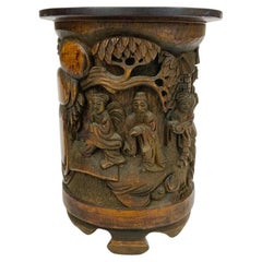Antique Exquisite Signed Chinese Carved Bamboo Root Brush Pot