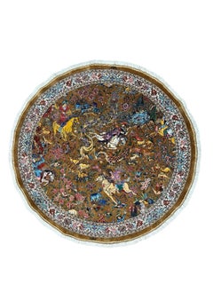 Exquisite Silk Round Rug with Imperial Hunting Scene Carpet