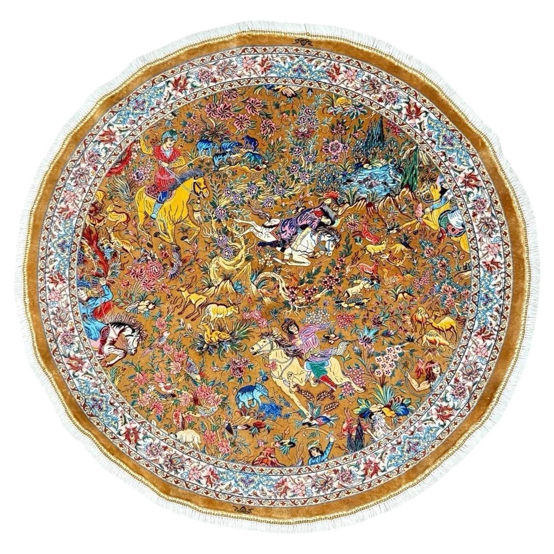 Exquisite Silk Round Rug with Imperial Hunting Scene Carpet For Sale