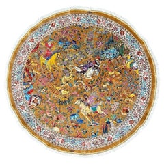Exquisite Silk Round Rug with Imperial Hunting Scene Carpet