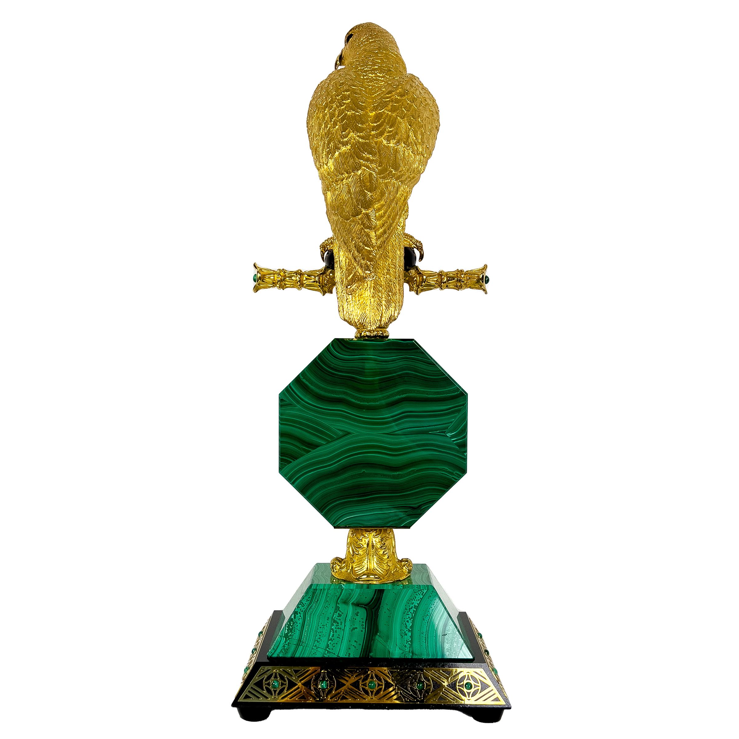 European Exquisite Silver and Malachite Clock Falcon Statue: A Gift From Saudi Arabian Ro