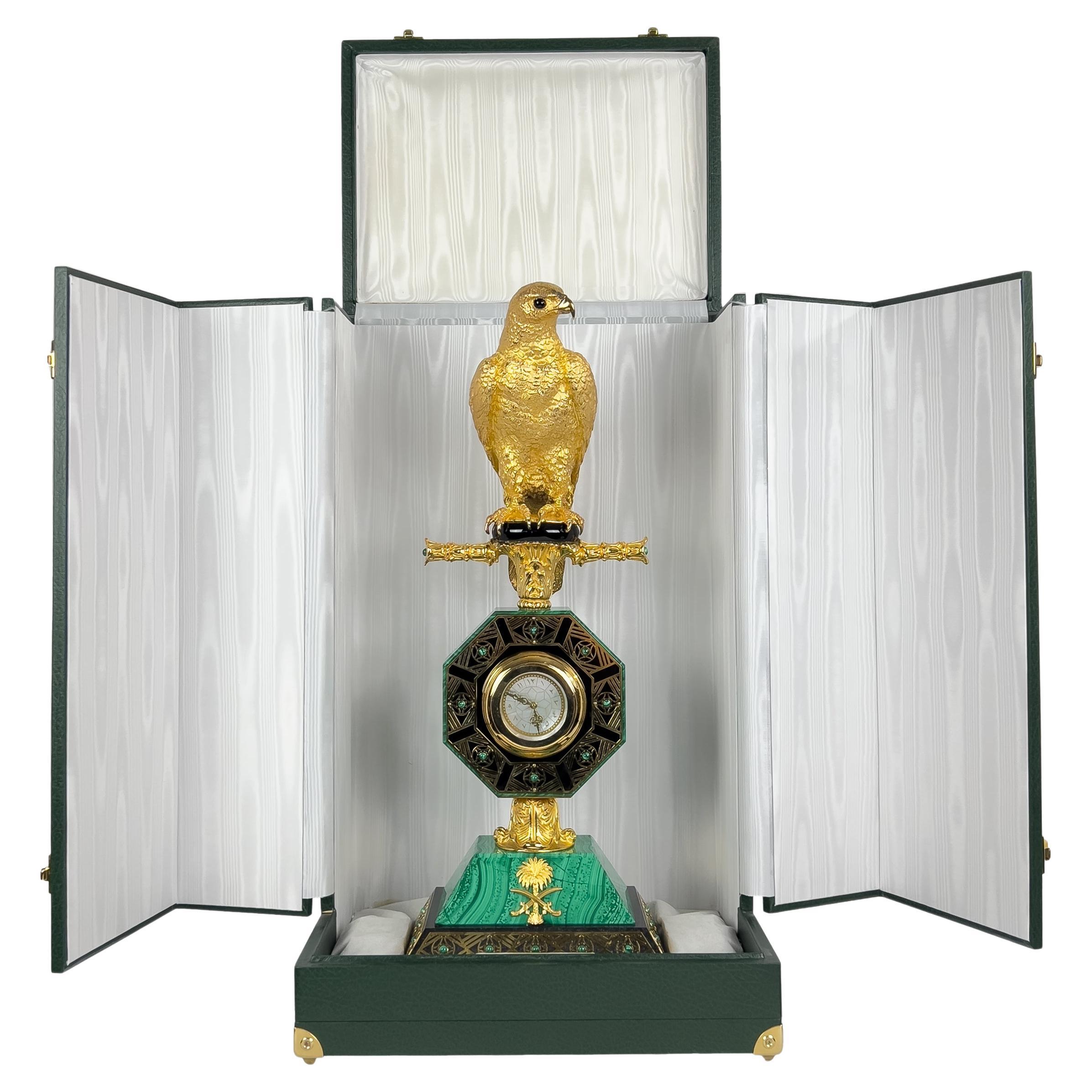 Exquisite Silver and Malachite Clock Falcon Statue: A Gift From Saudi Arabian Ro
