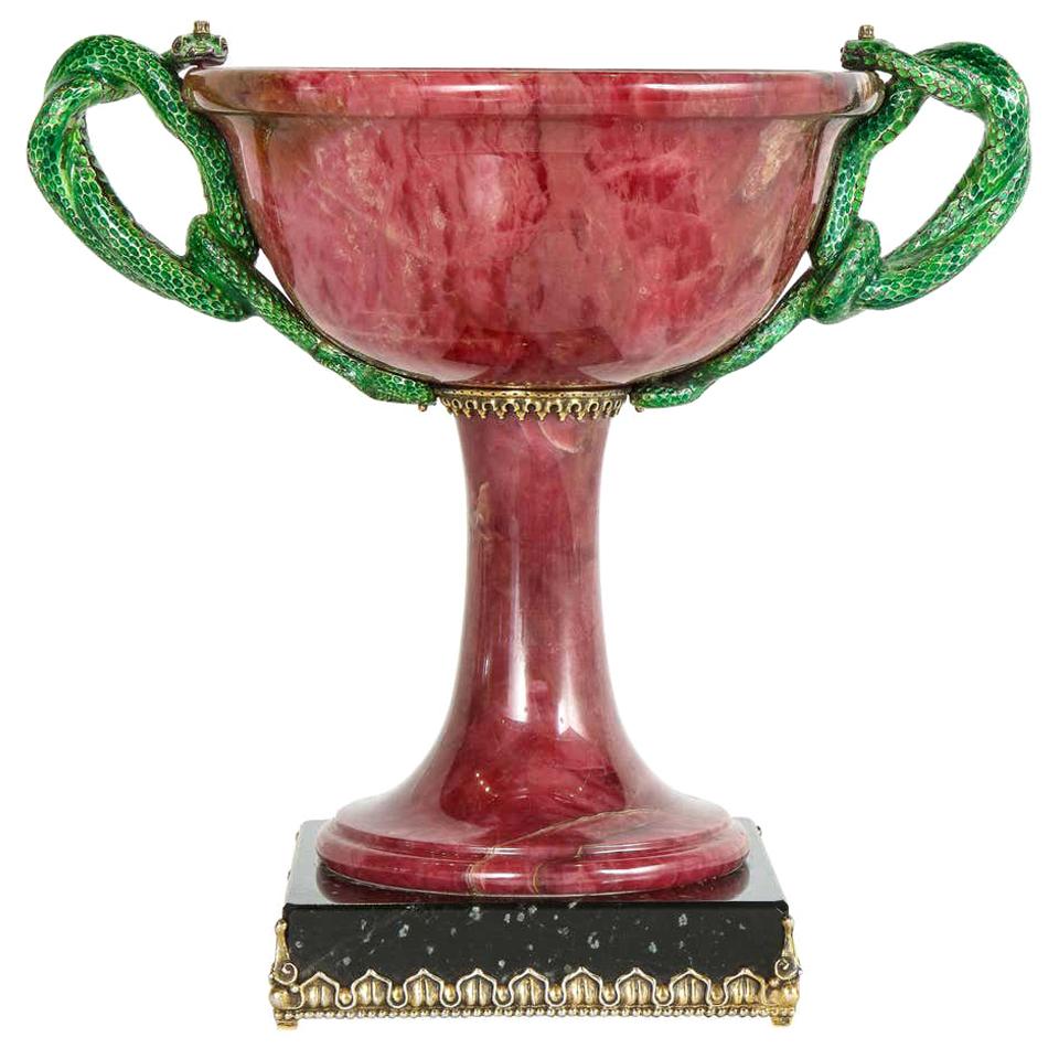 Exquisite Silver, Marble, and Diamond Mounted Rhodonite Bowl with Snake Handles