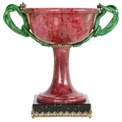 Vintage Exquisite Silver, Marble, and Diamond Mounted Rhodonite Bowl with Snake Handles