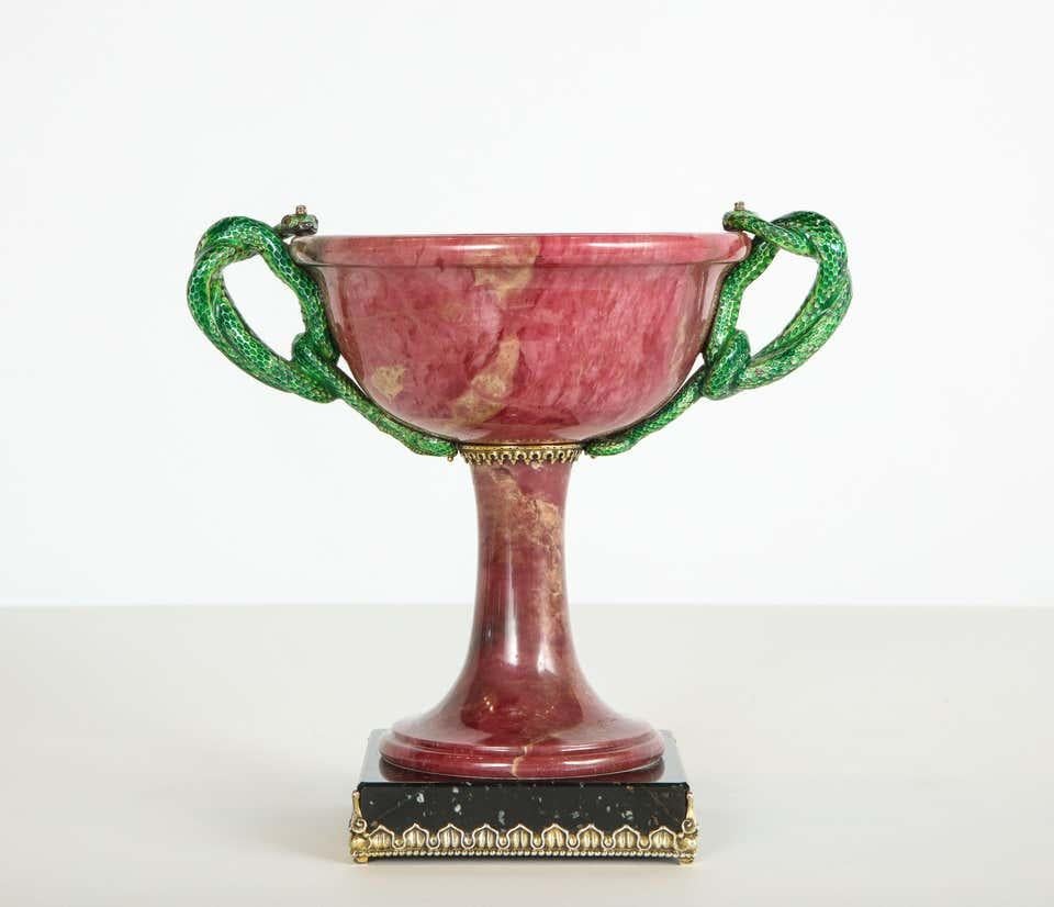 Exquisite Silver, Marble, and Diamond Mounted Rhodonite Bowl with Snake Handles 6