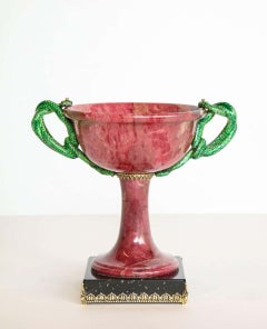 Exquisite Silver, Marble, and Diamond Mounted Rhodonite Bowl with Snake Handles