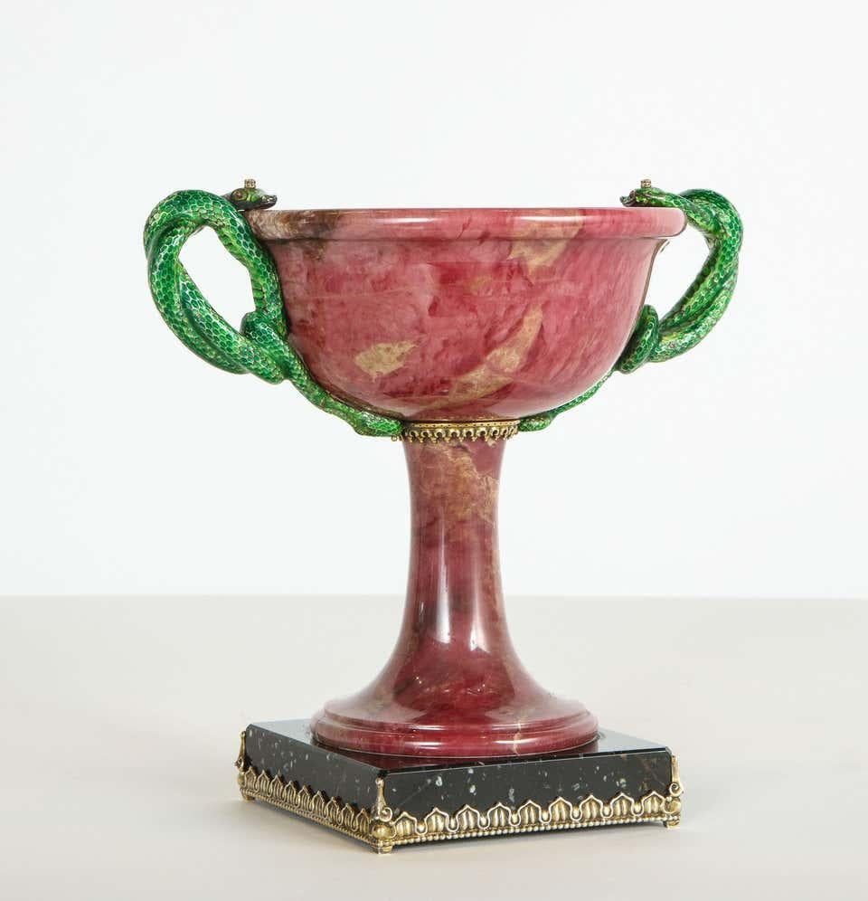 Exquisite Silver, Marble, and Diamond Mounted Rhodonite Bowl with Snake Handles In Good Condition In New York, NY