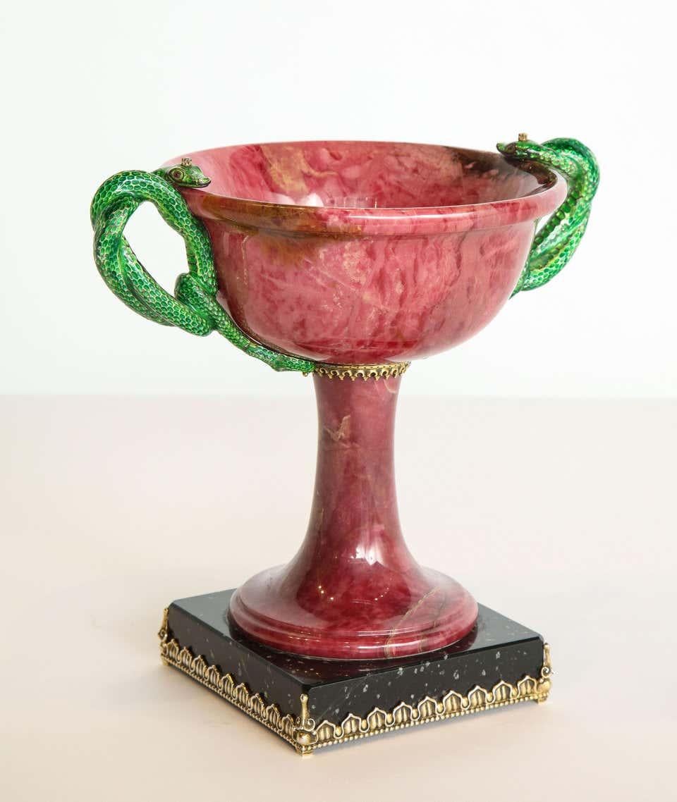 Exquisite Silver, Marble, and Diamond Mounted Rhodonite Bowl with Snake Handles 2