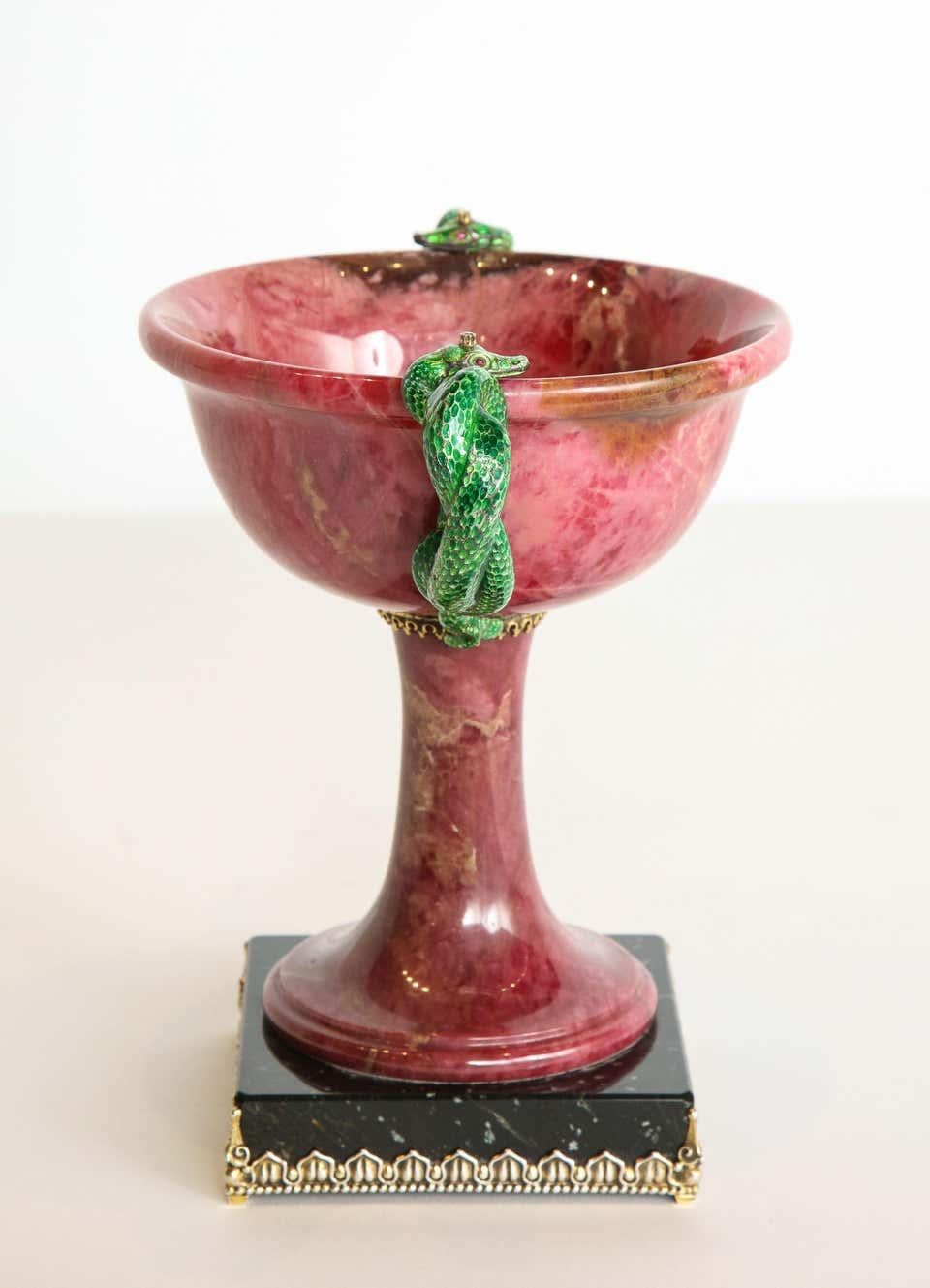 Exquisite Silver, Marble, and Diamond Mounted Rhodonite Bowl with Snake Handles 4