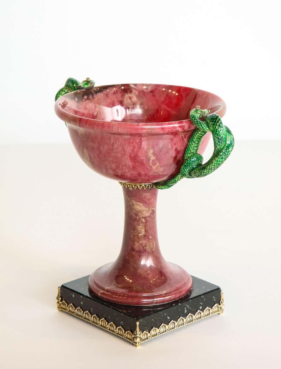 Exquisite Silver, Marble, and Diamond Mounted Rhodonite Bowl with Snake Handles 5