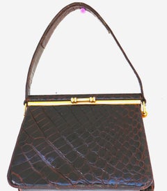 Exquisite Small Flip Top Crocodile Handbag-Gold Plated Frame