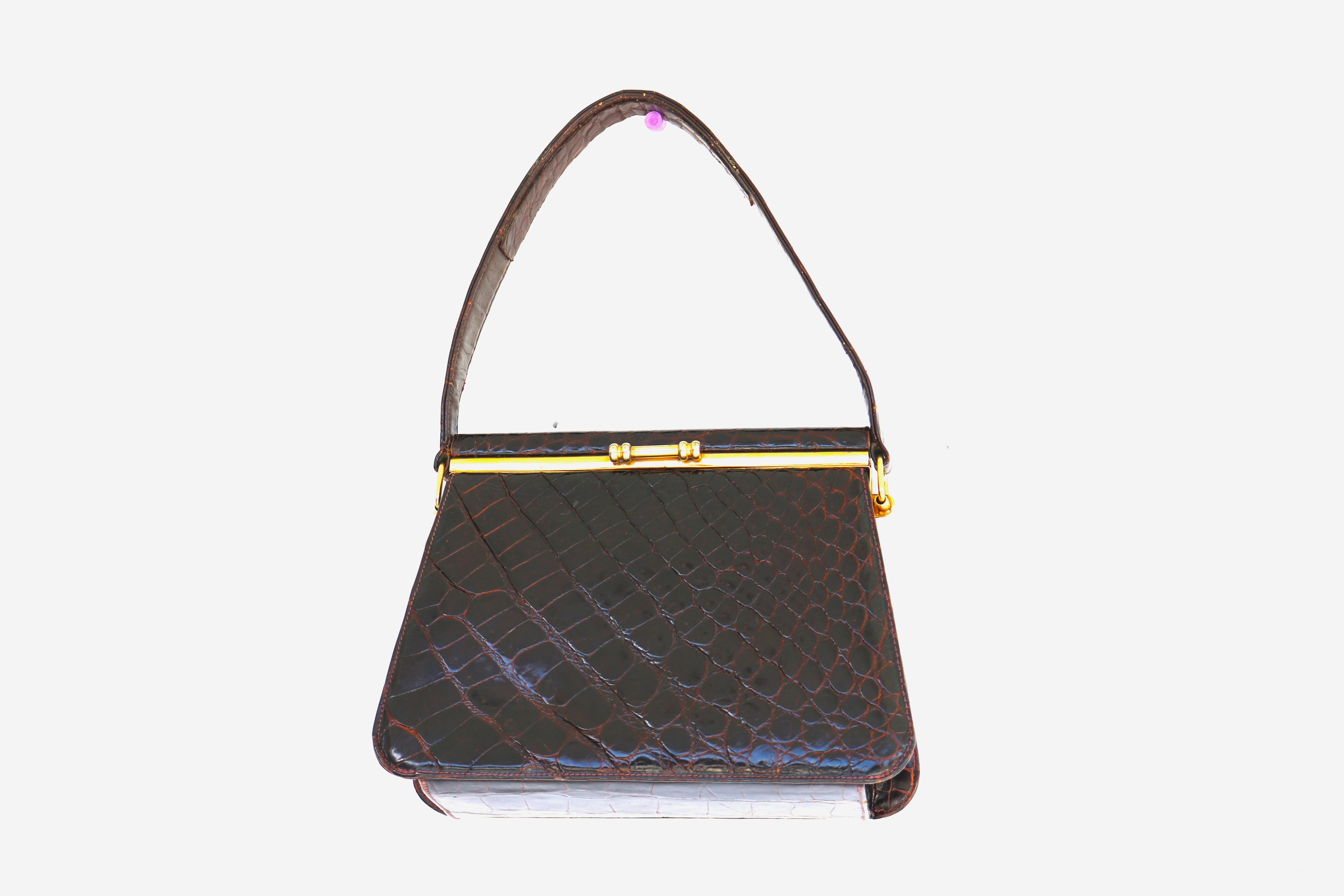 Black Exquisite Small Flip Top Crocodile Handbag-Gold Plated Frame For Sale