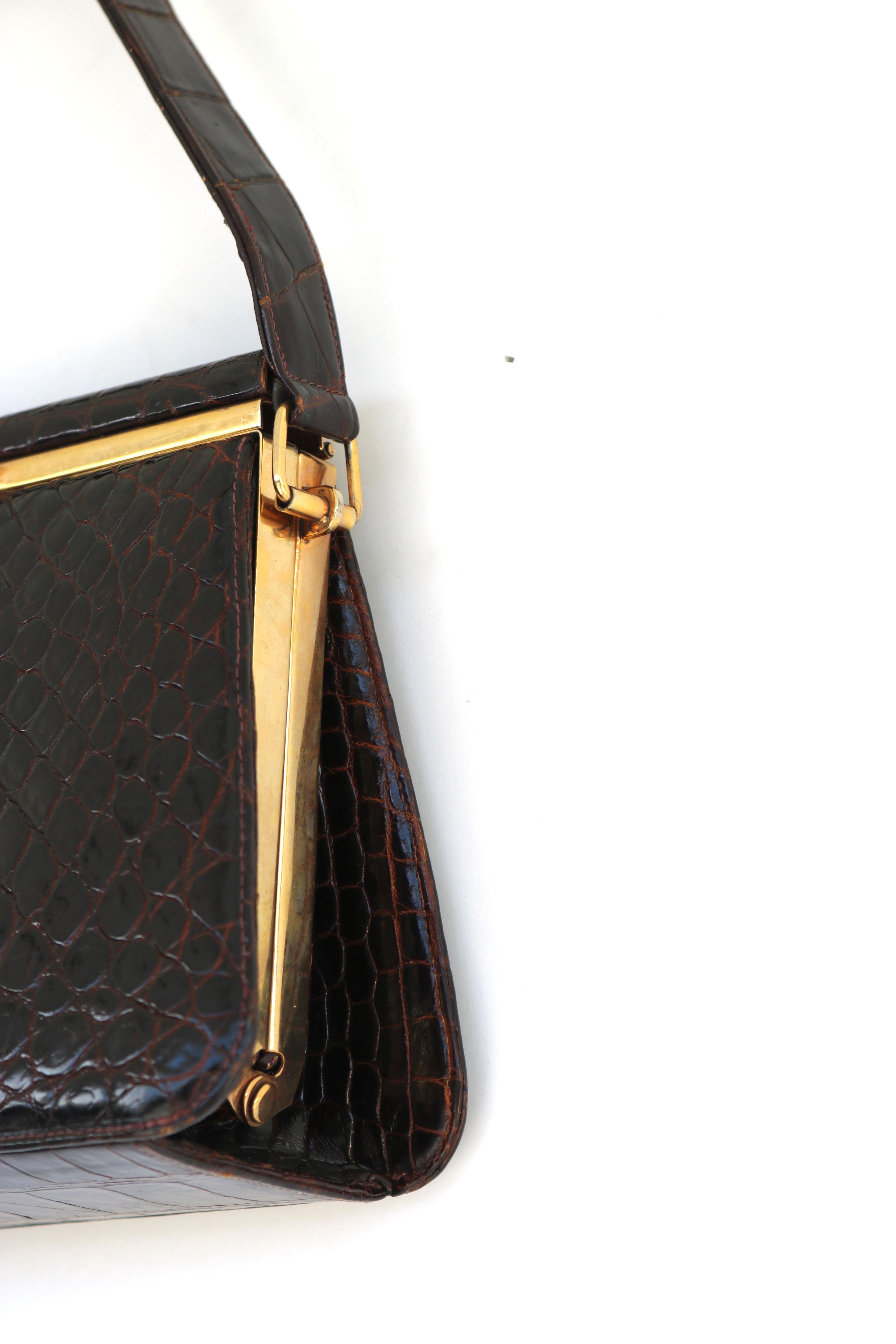 Exquisite Small Flip Top Crocodile Handbag-Gold Plated Frame For Sale 1